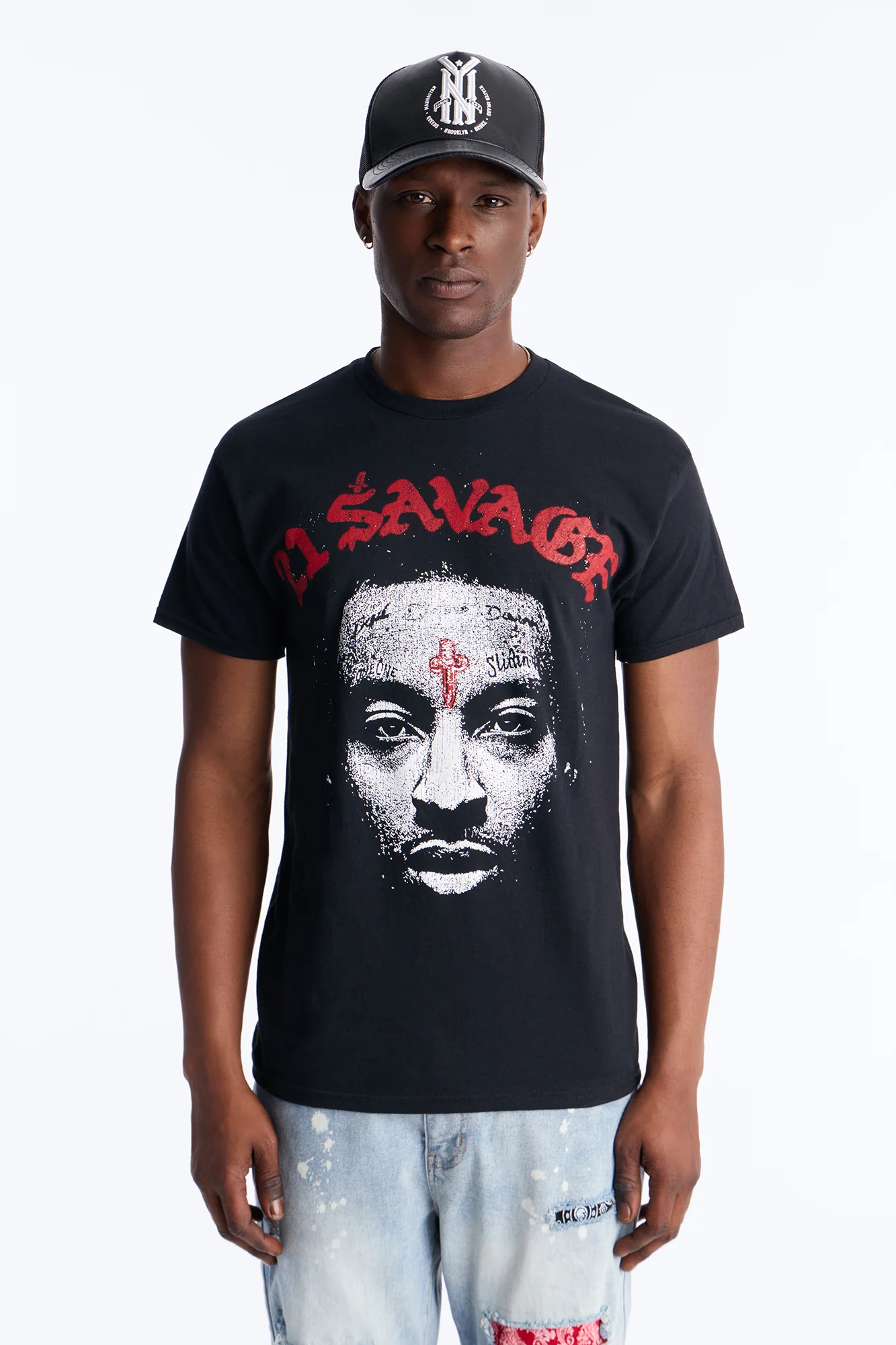 21 Savage Distressed Short Sleeve Tee - Black