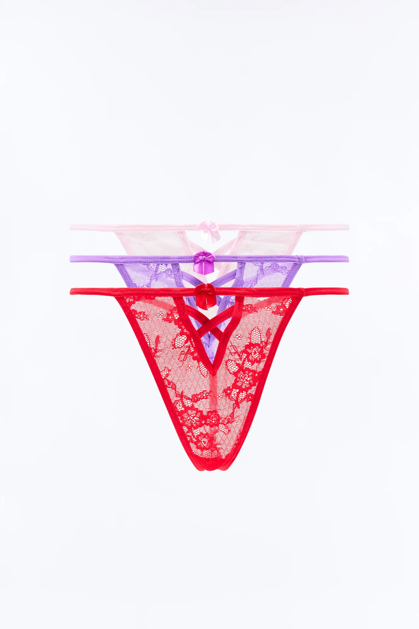 3 Pack Caged Bow Lace G-String Panties - Lavender/combo