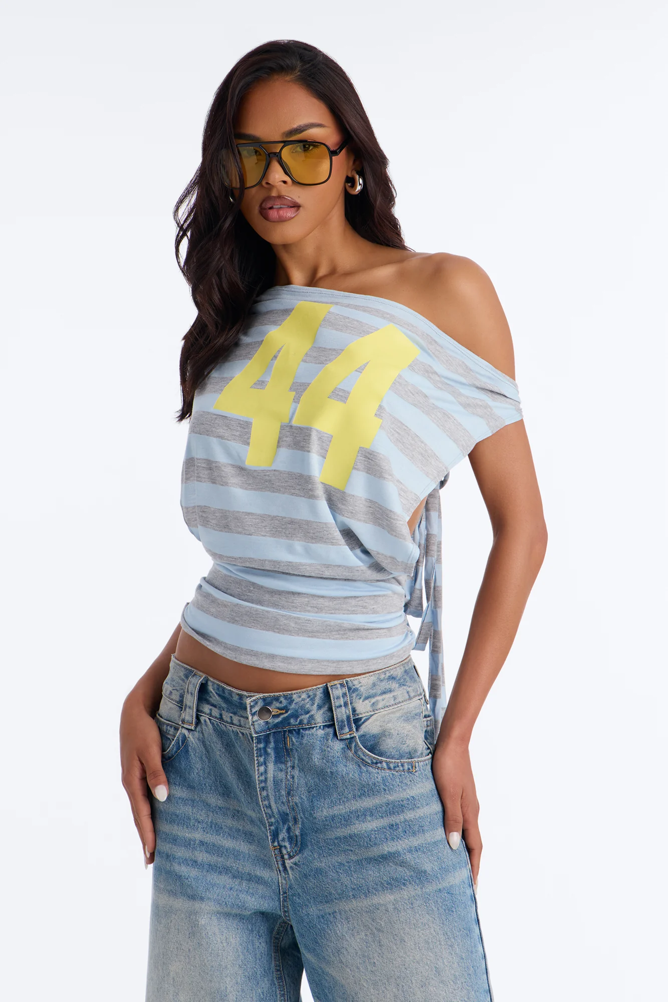 44 Stripe Off Shoulder Top - Blue/combo