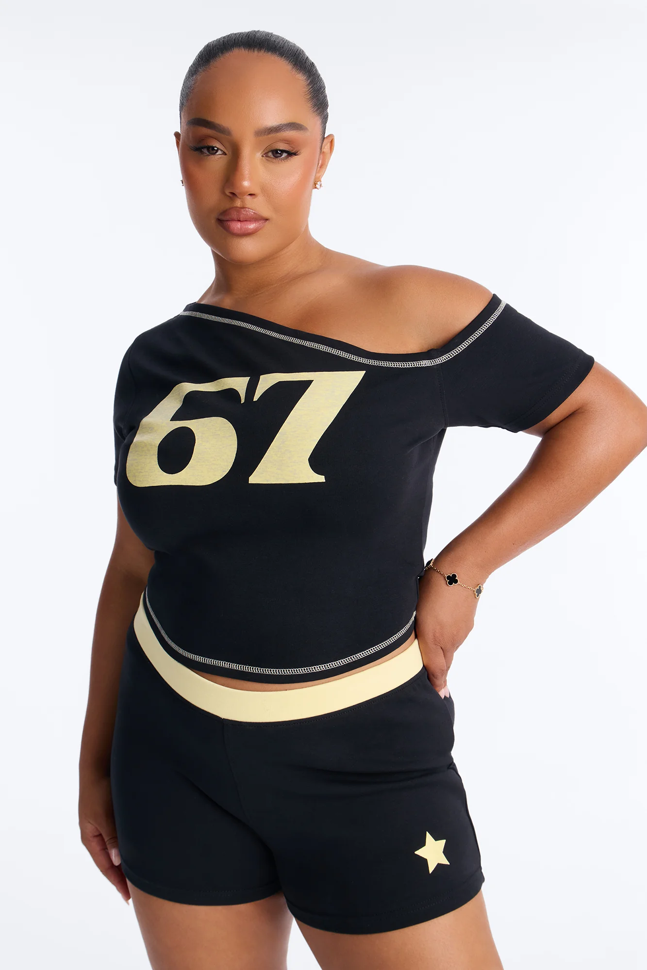 67' Crew Off Shoulder Short Set - Black/combo - Image 5