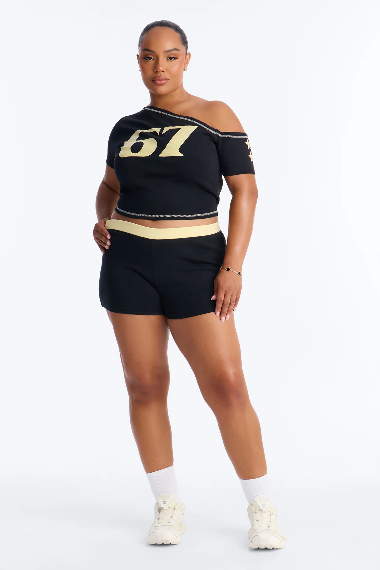 67' Crew Off Shoulder Short Set - Black/combo - Image 6