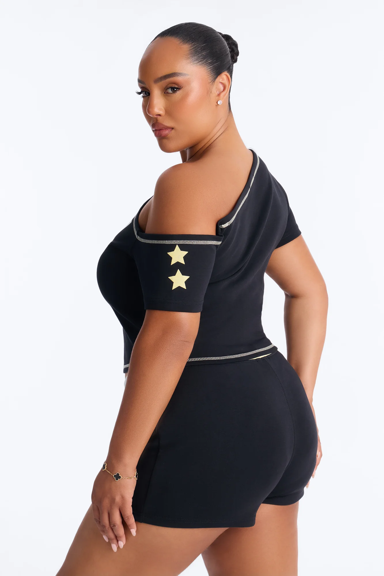 67' Crew Off Shoulder Short Set - Black/combo - Image 8
