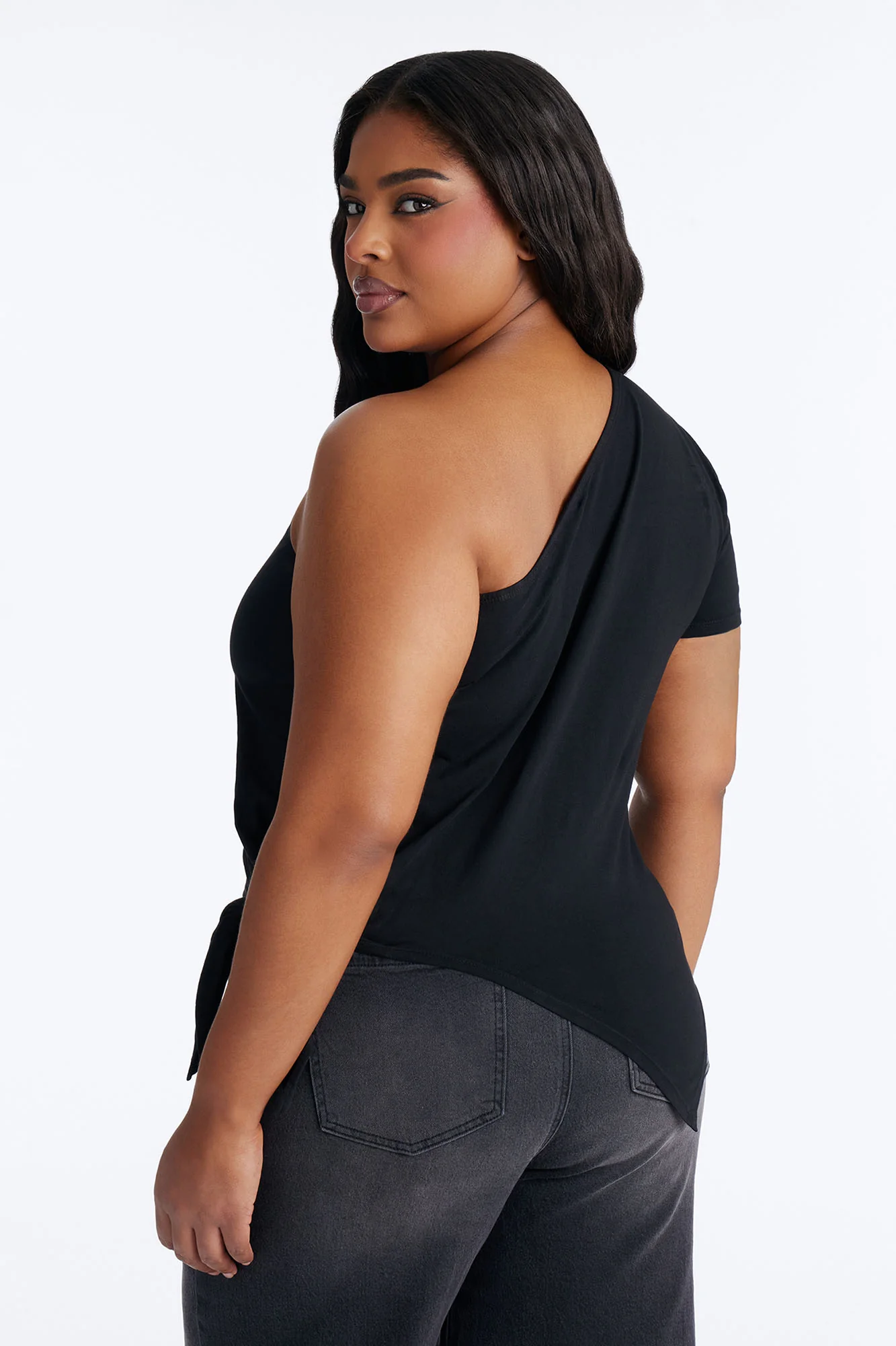 67 Rhinestones One Shoulder Tee - Black - Image 8