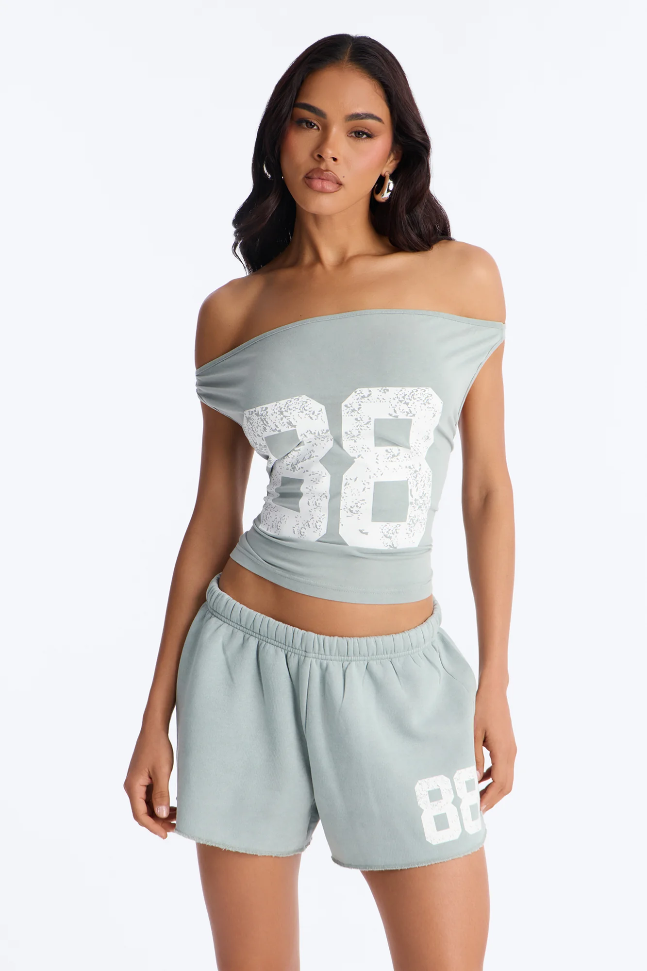 88' Vibe Off Shoulder Fleece Short Set - Sage - Image 2
