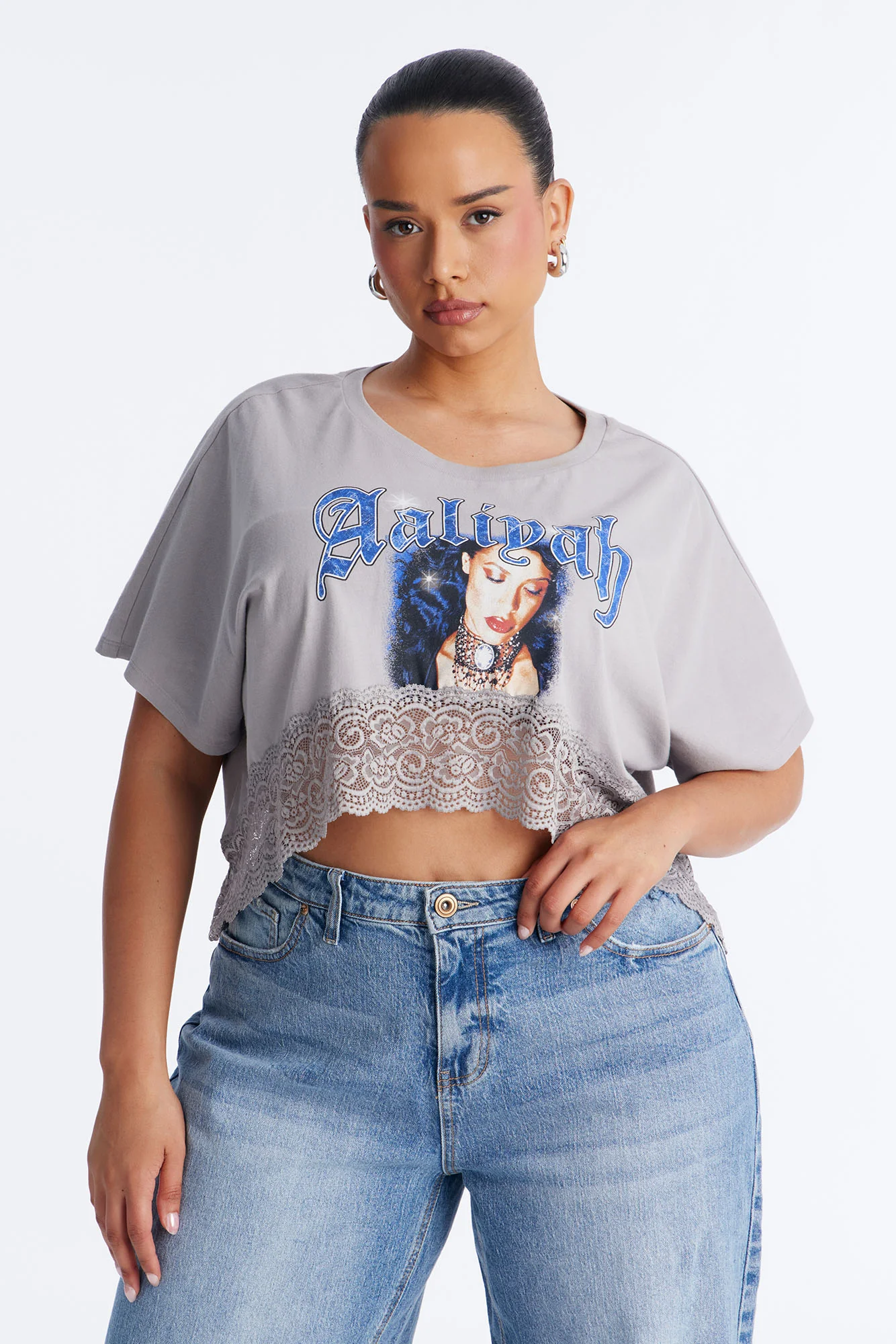 Aaliyah Cropped Lace Bottom Tee - Grey - Image 5