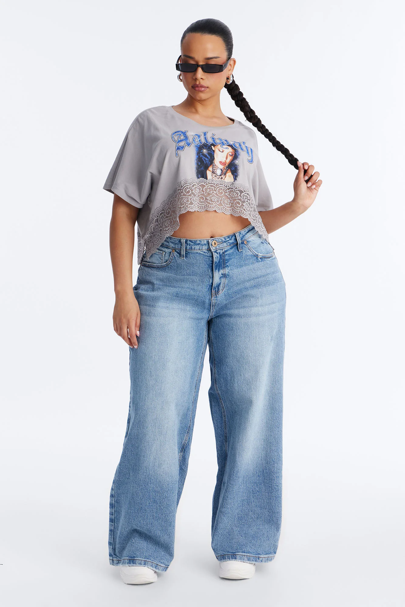 Aaliyah Cropped Lace Bottom Tee - Grey - Image 6