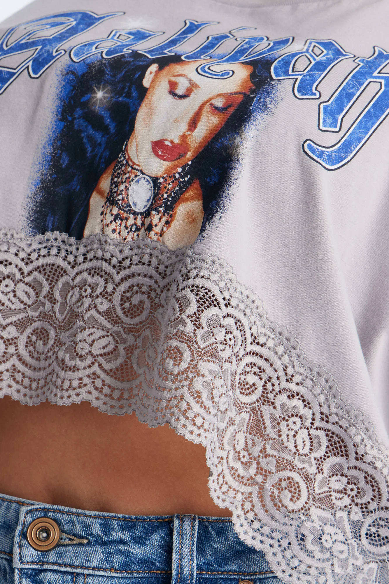 Aaliyah Cropped Lace Bottom Tee - Grey - Image 7