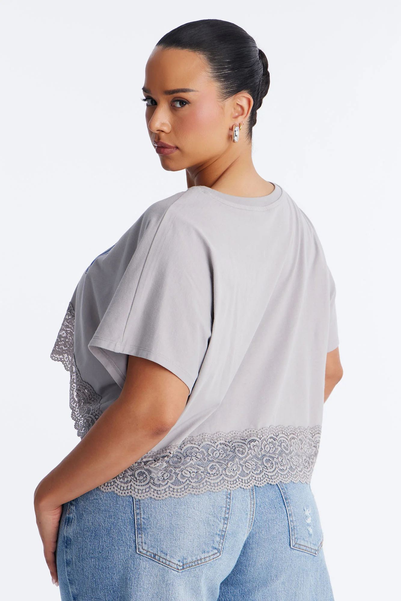 Aaliyah Cropped Lace Bottom Tee - Grey - Image 8