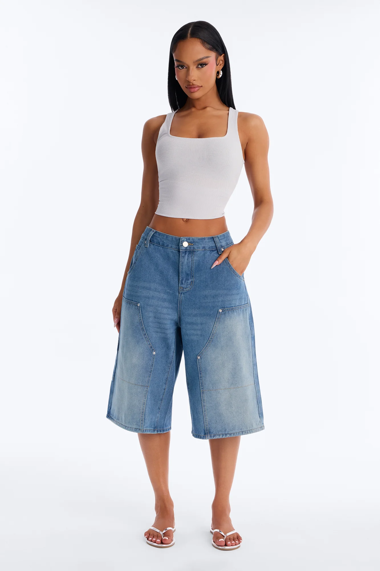 Above Average Utility Denim Jorts - Medium Wash - Image 2