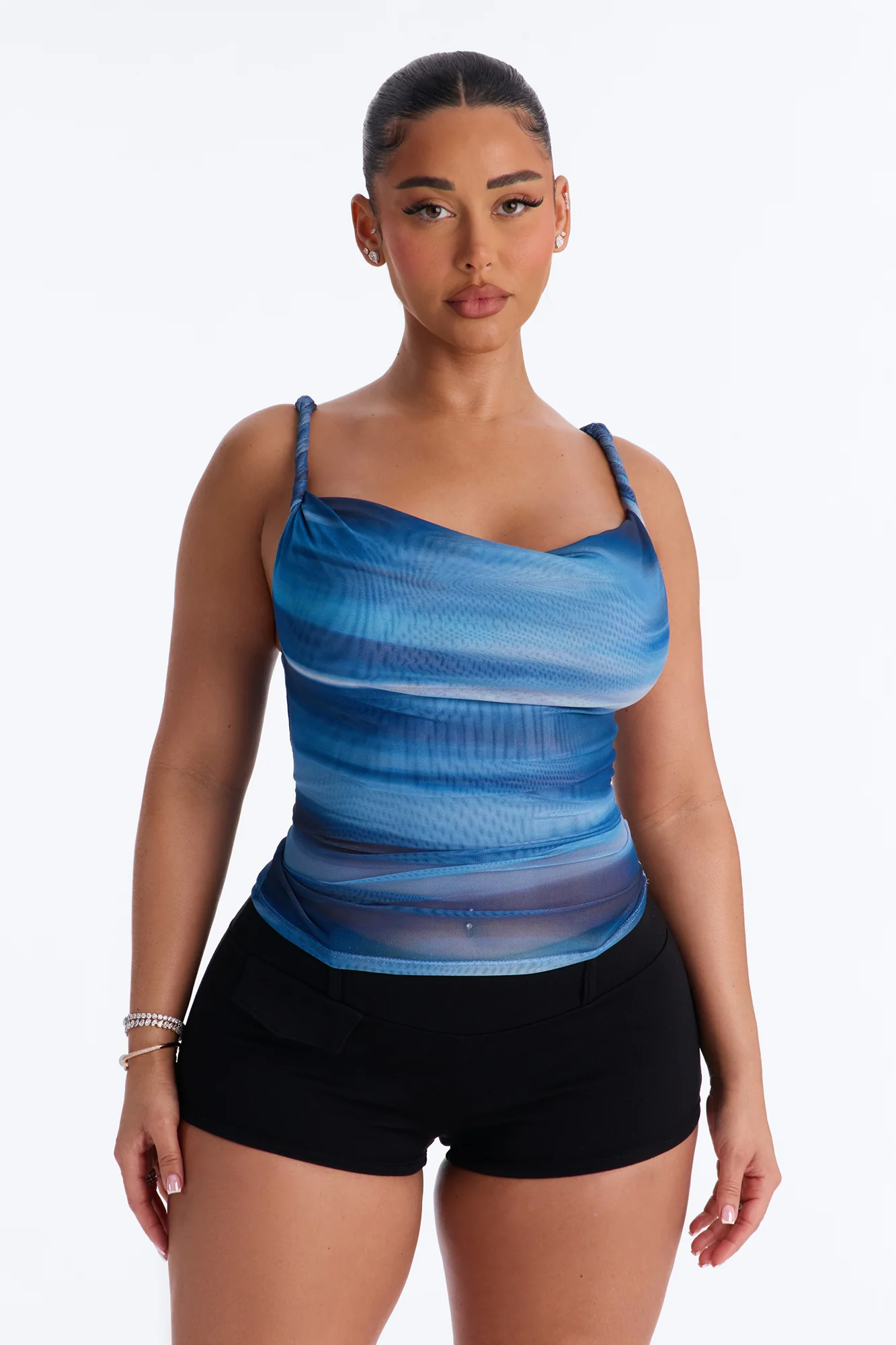 Abstract Dream Mesh Cowl Neck Twist Top - Blue/combo