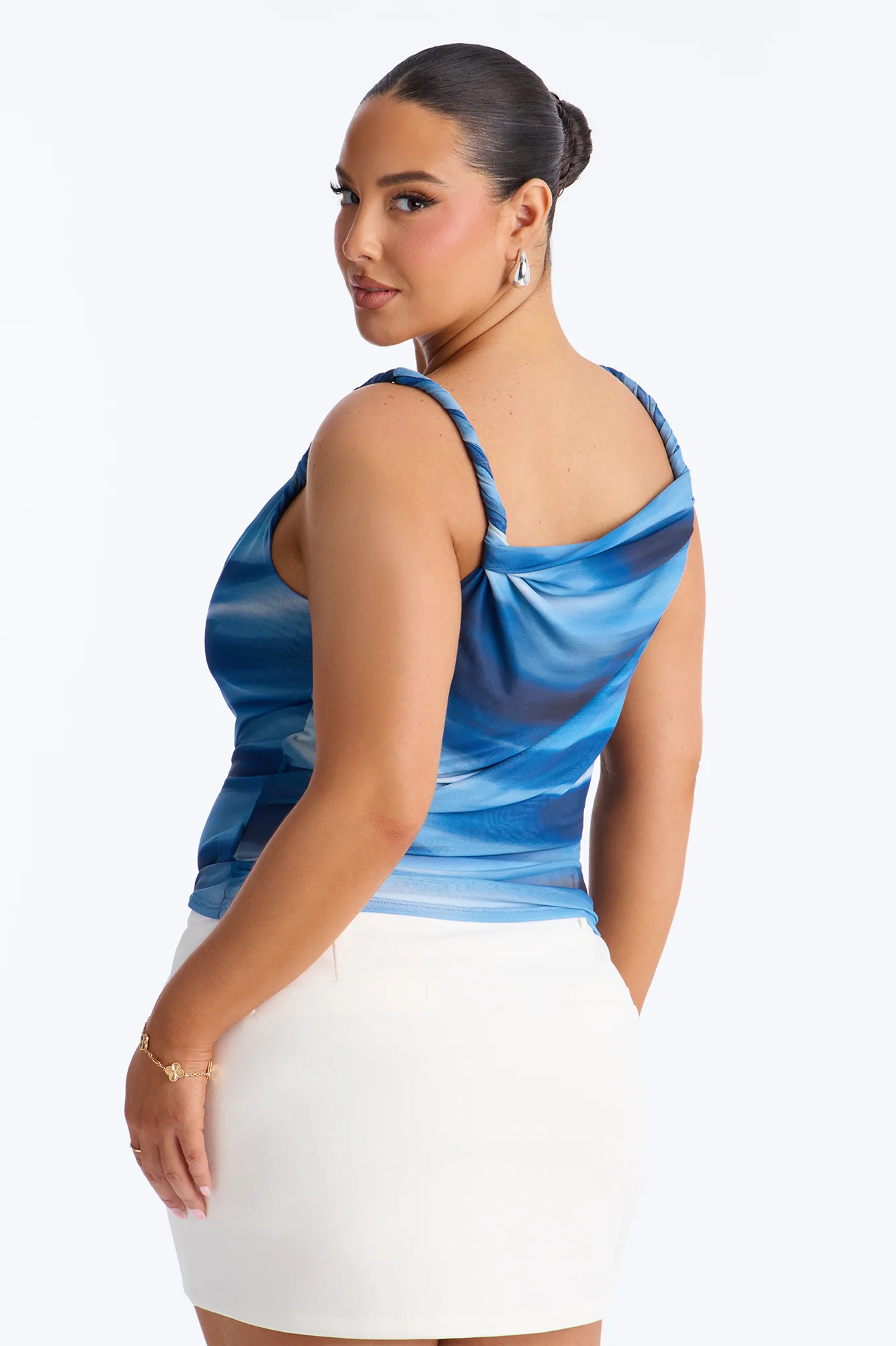 Abstract Dream Mesh Cowl Neck Twist Top - Blue/combo - Image 7