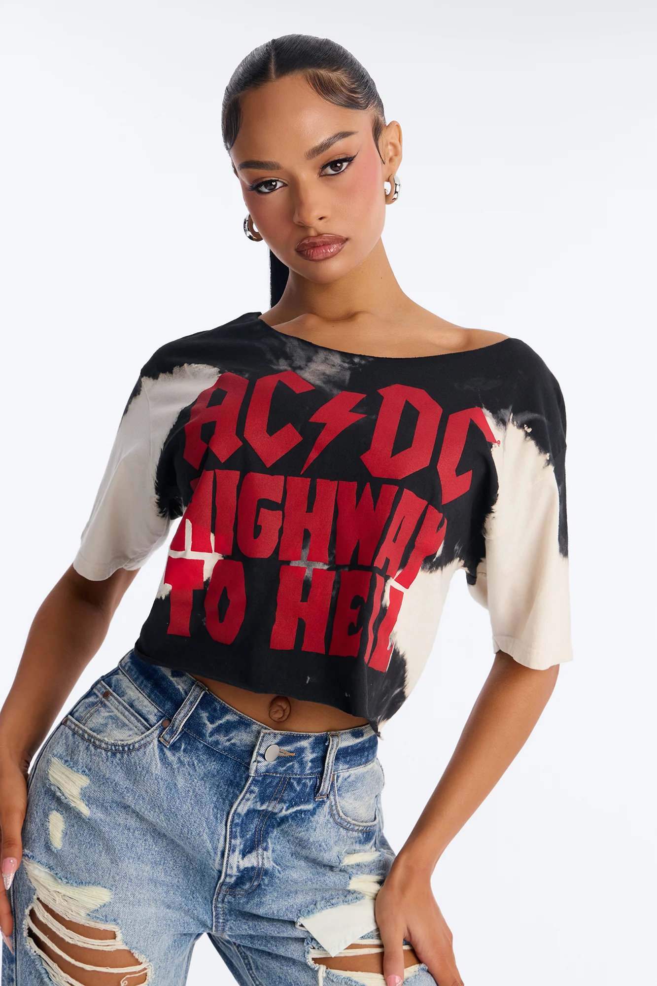 ACDC Bleached Off Shoulder Top - Black/combo