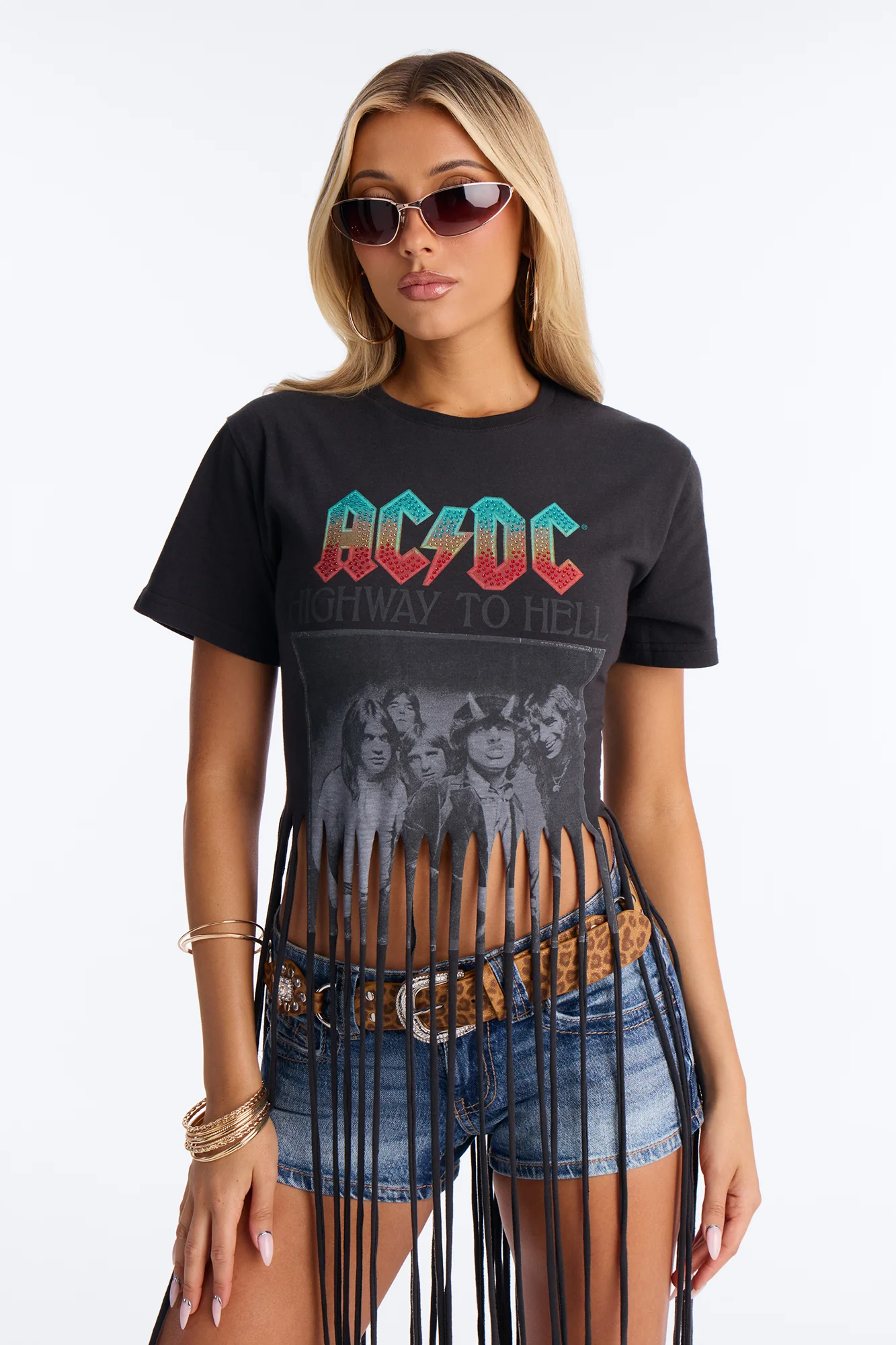 ACDC Highway To Hell Fringe Rhinestone Tee - Black - Image 2