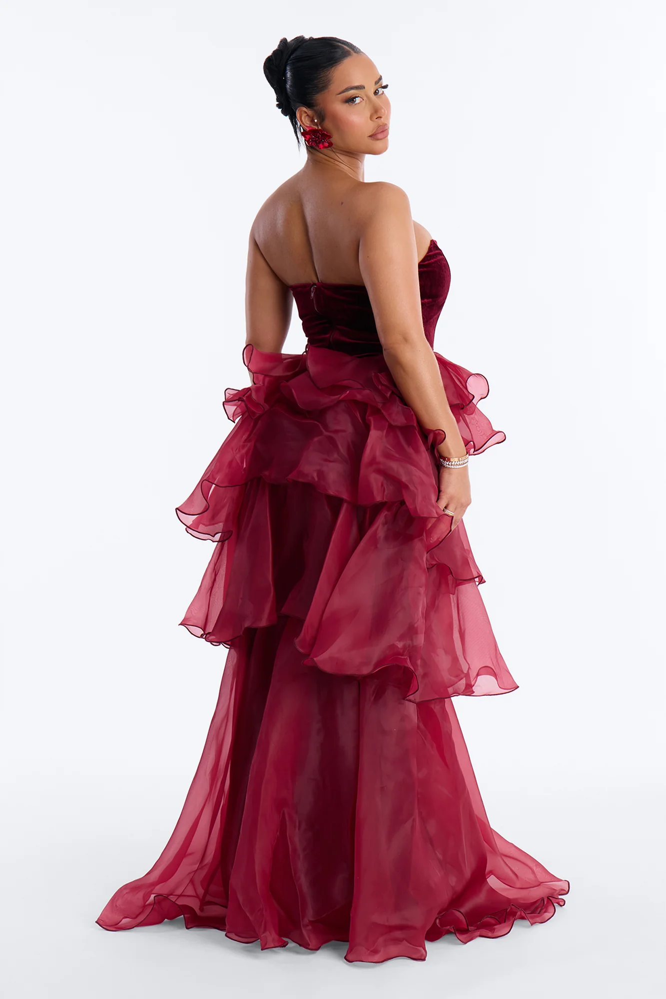 Addison Organza Tiered Gown - Burgundy - Image 3