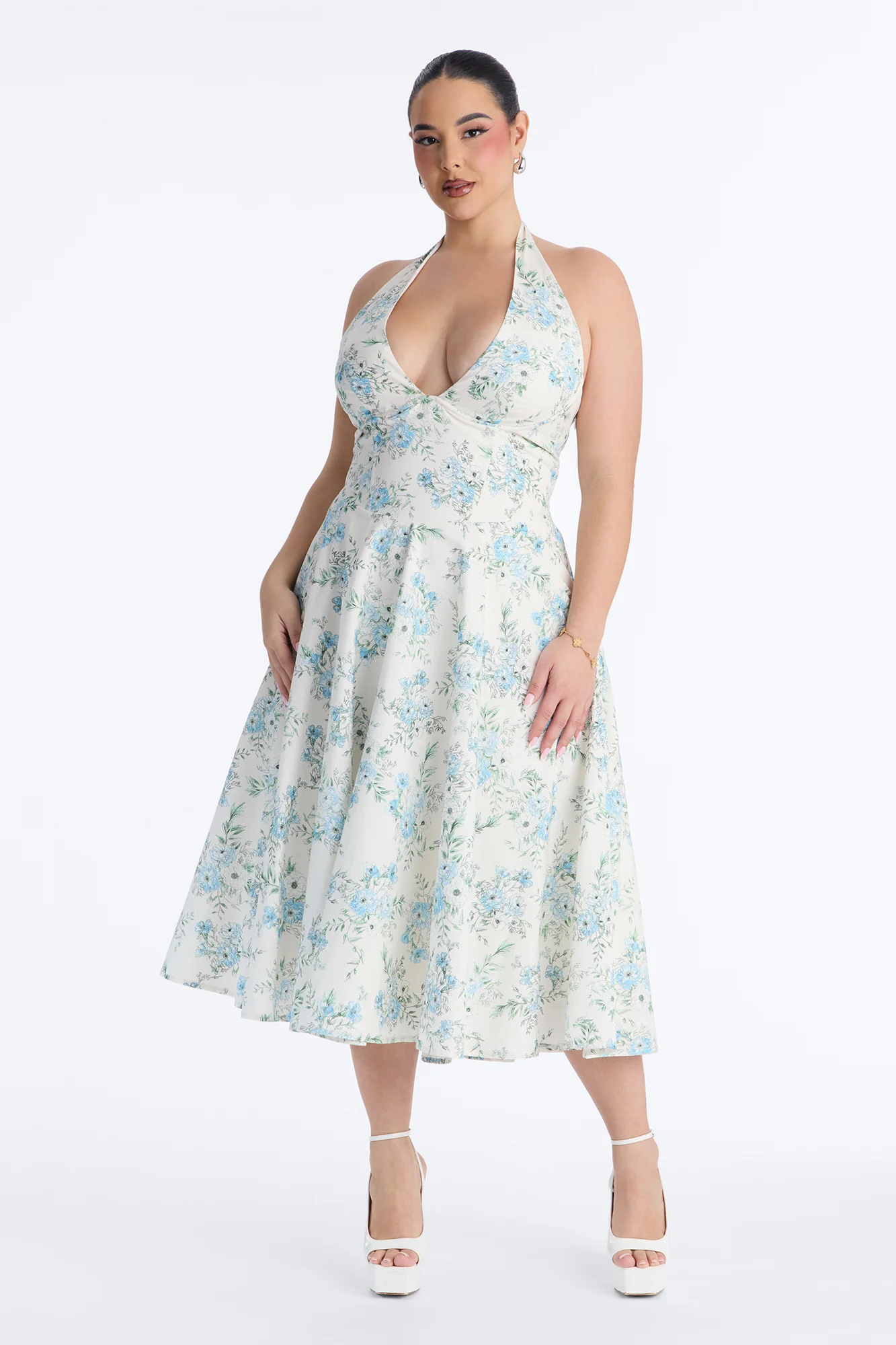 Adelaide Halter Floral Midi Dress - White/Blue - Image 5