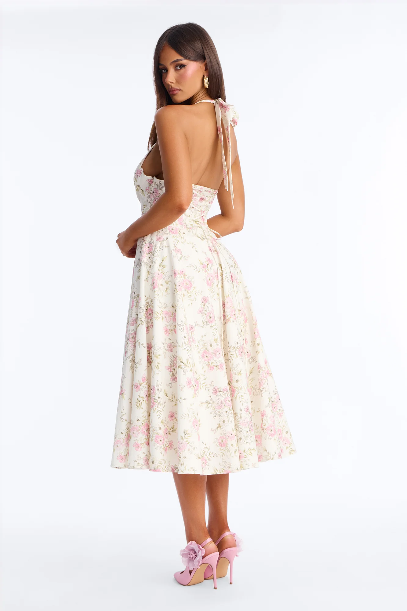 Adelaide Halter Floral Midi Dress - White/Pink - Image 4