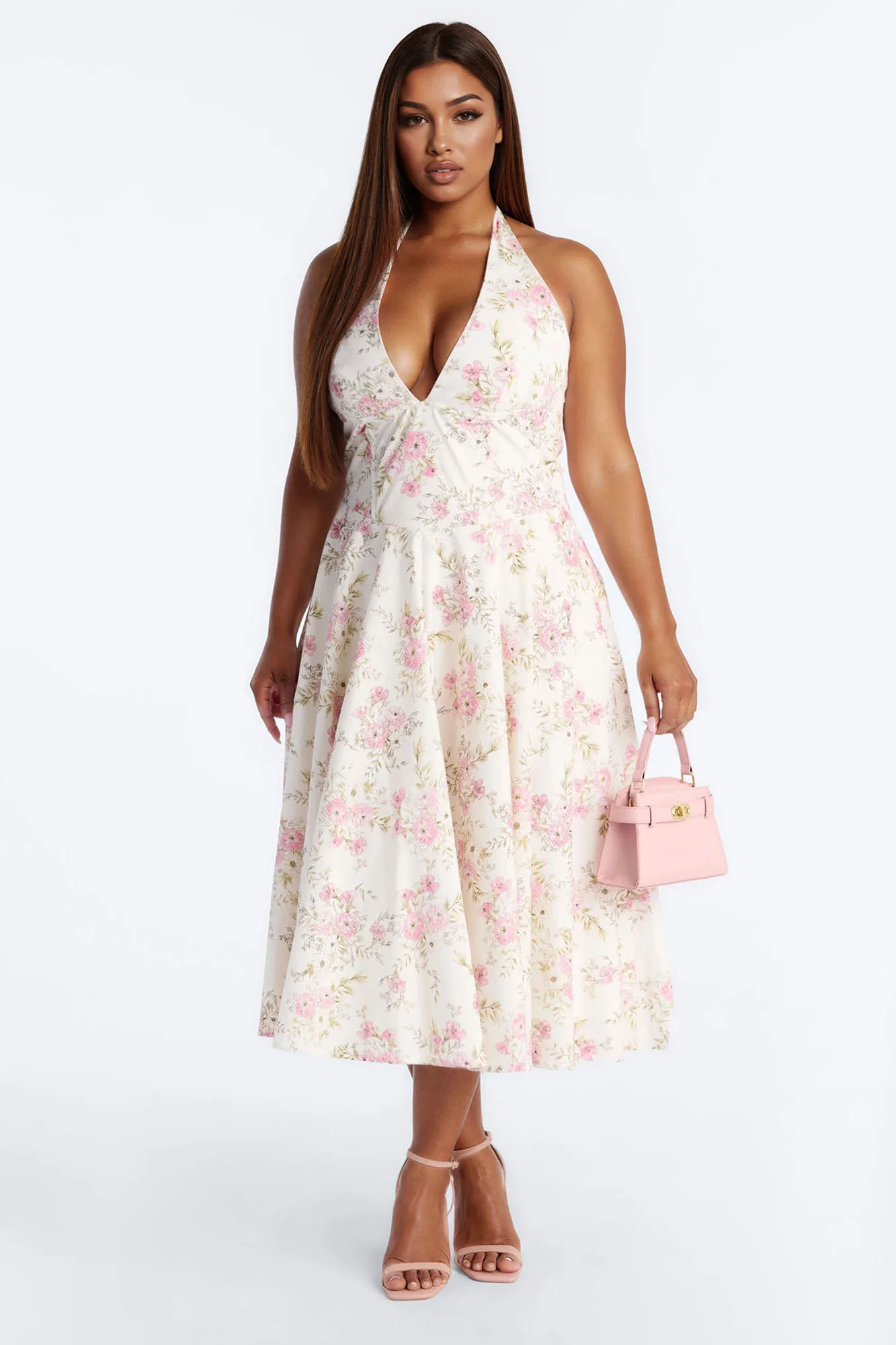 Adelaide Halter Floral Midi Dress - White/Pink - Image 5