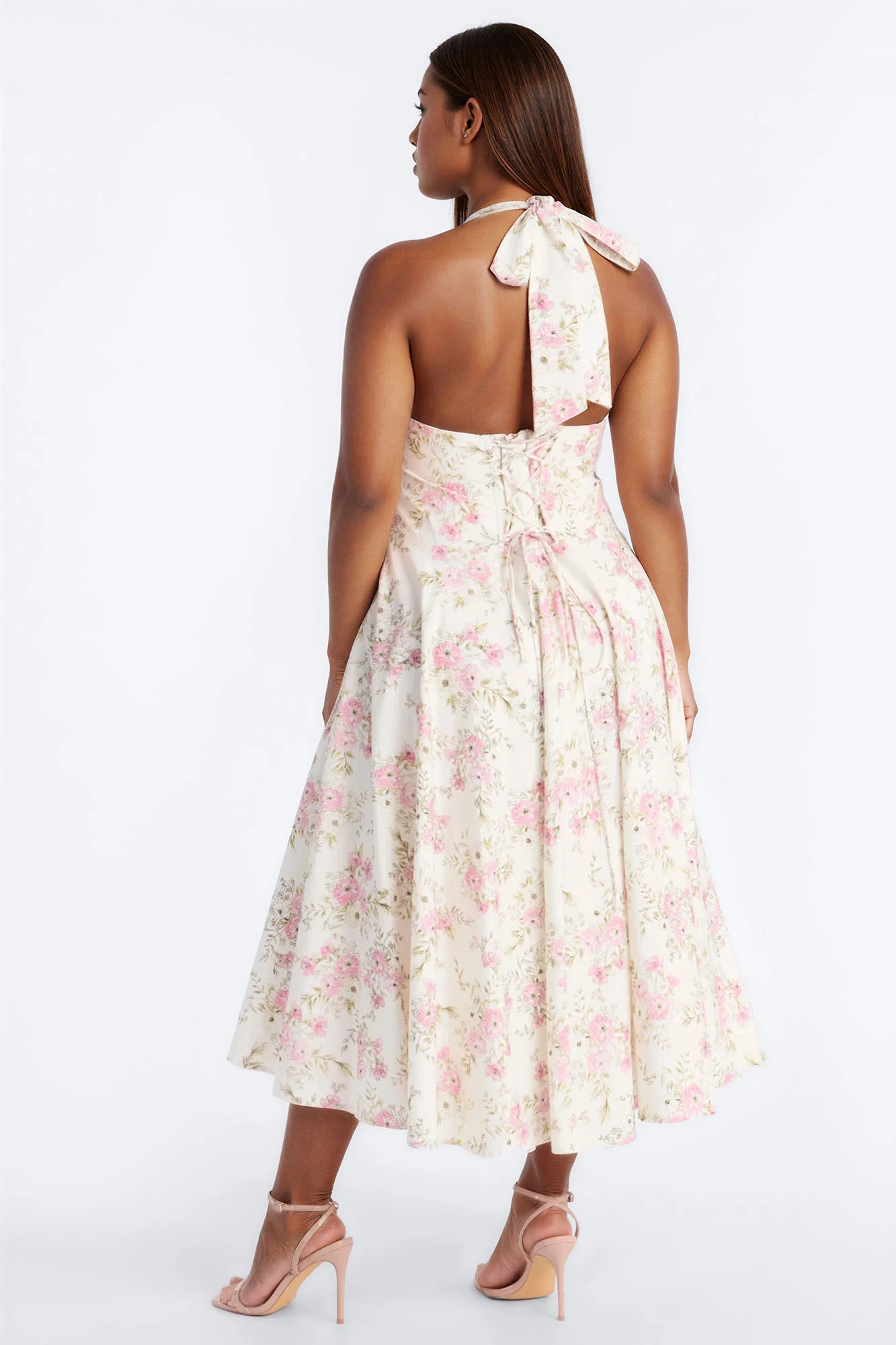 Adelaide Halter Floral Midi Dress - White/Pink - Image 7