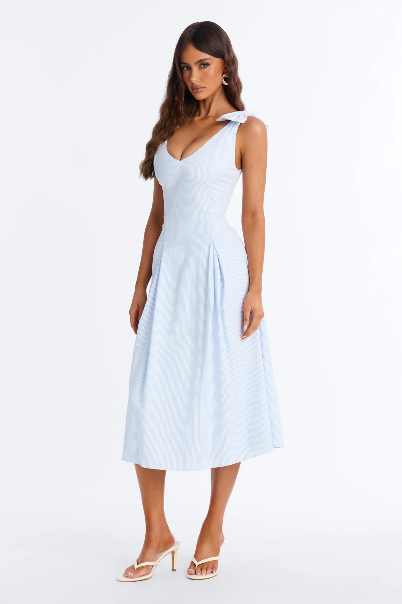 Adele Bow Pinstripe Midi Dress - Blue/combo