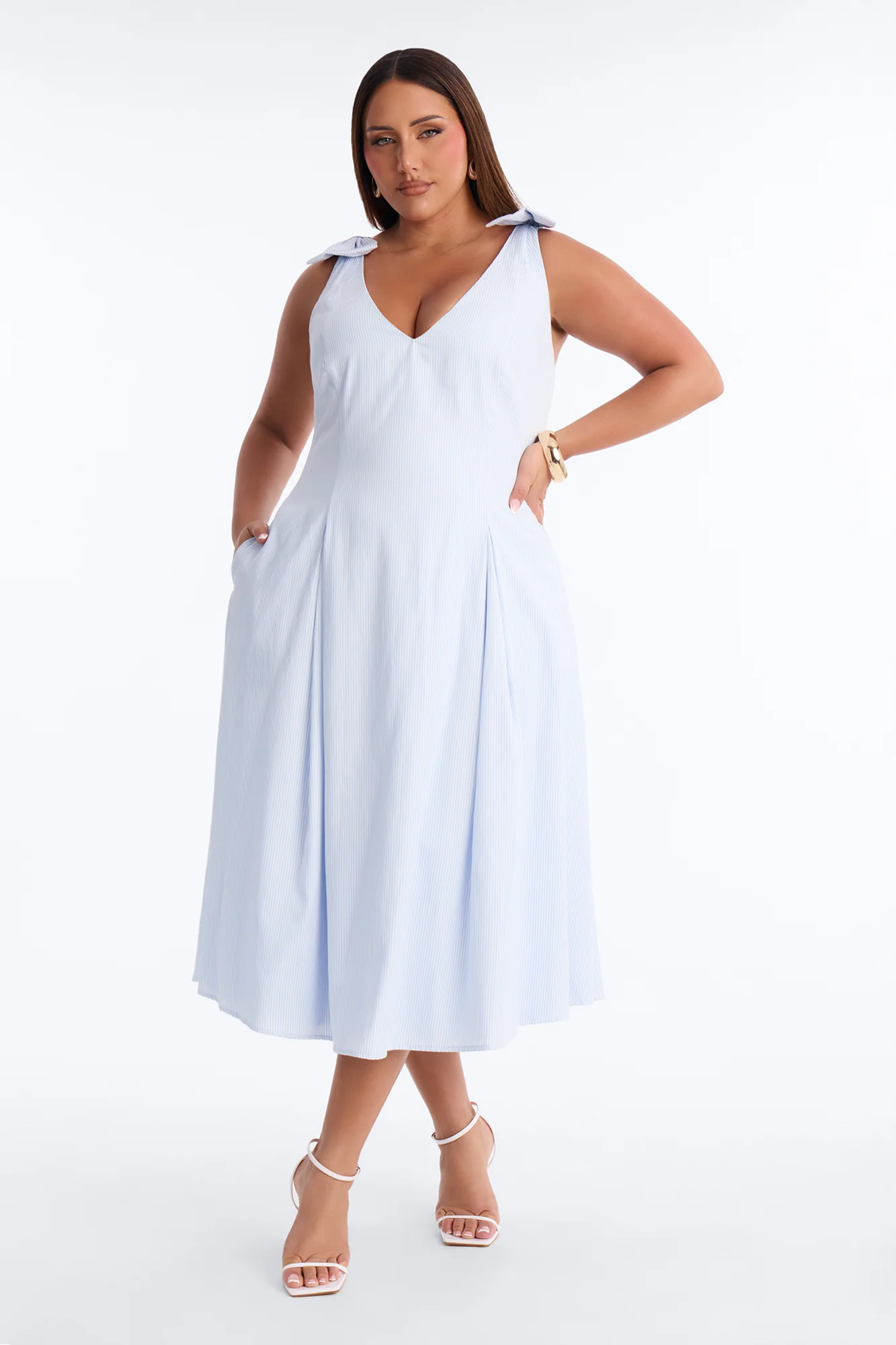 Adele Bow Pinstripe Midi Dress - Blue/combo - Image 5