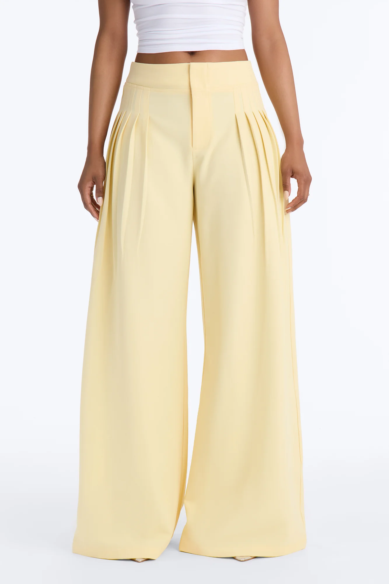 Adele Pleated Wide Leg Trouser Pant 33″ - Butter Yellow - Image 2