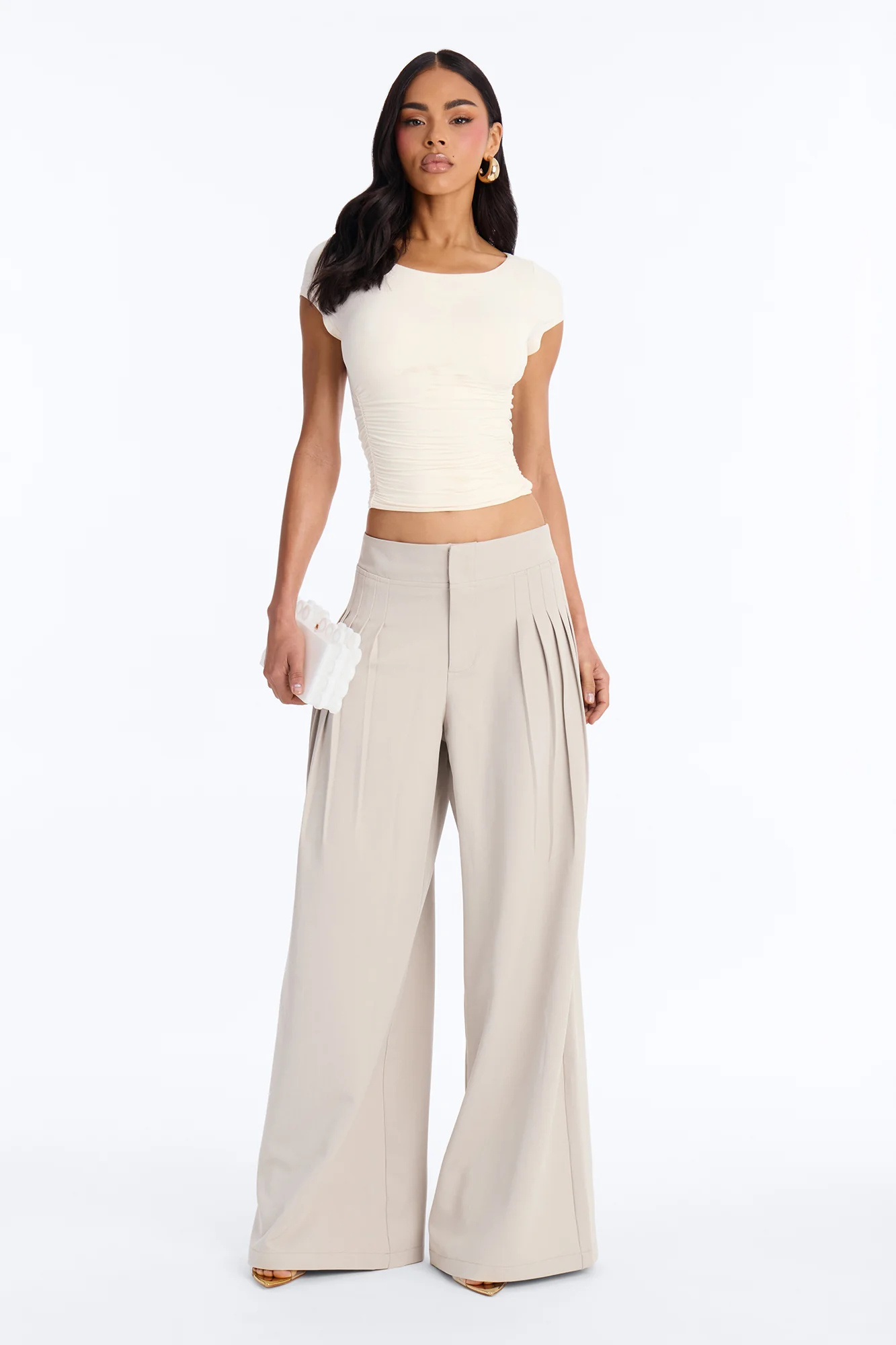 Adele Pleated Wide Leg Trouser Pant 33″ - Stone
