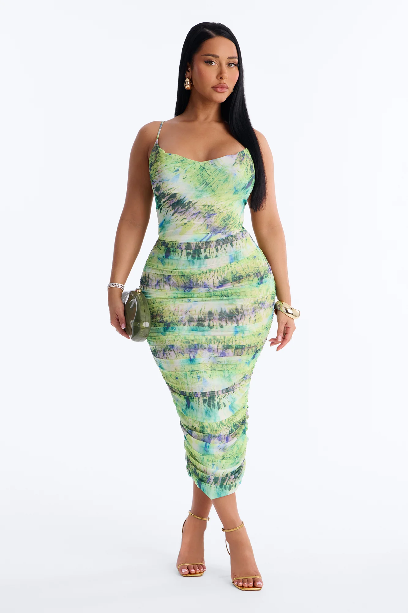 Adelina Ruched Mesh Midi Dress - Green/combo - Image 2