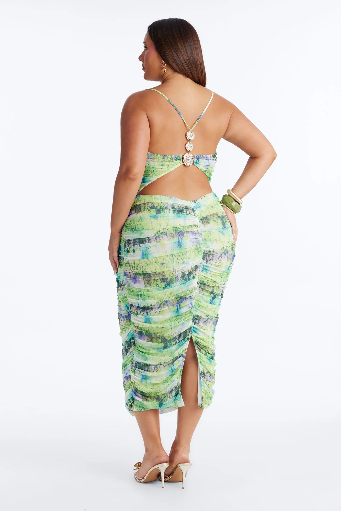 Adelina Ruched Mesh Midi Dress - Green/combo - Image 7