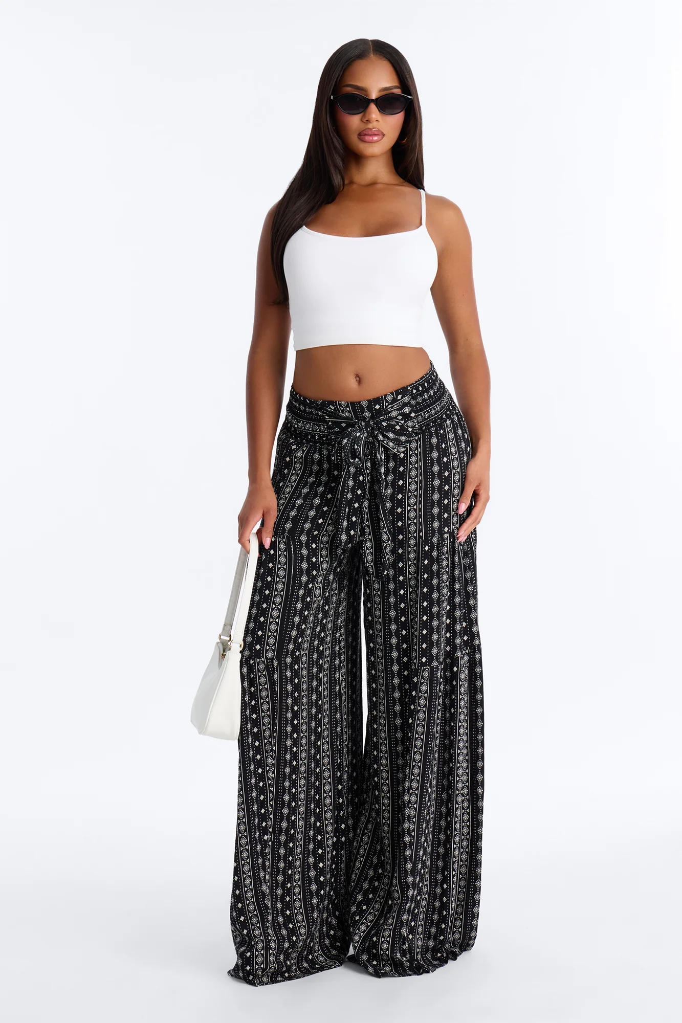 Adina Tie Waist High Rise Wide Leg Pant - Black/combo