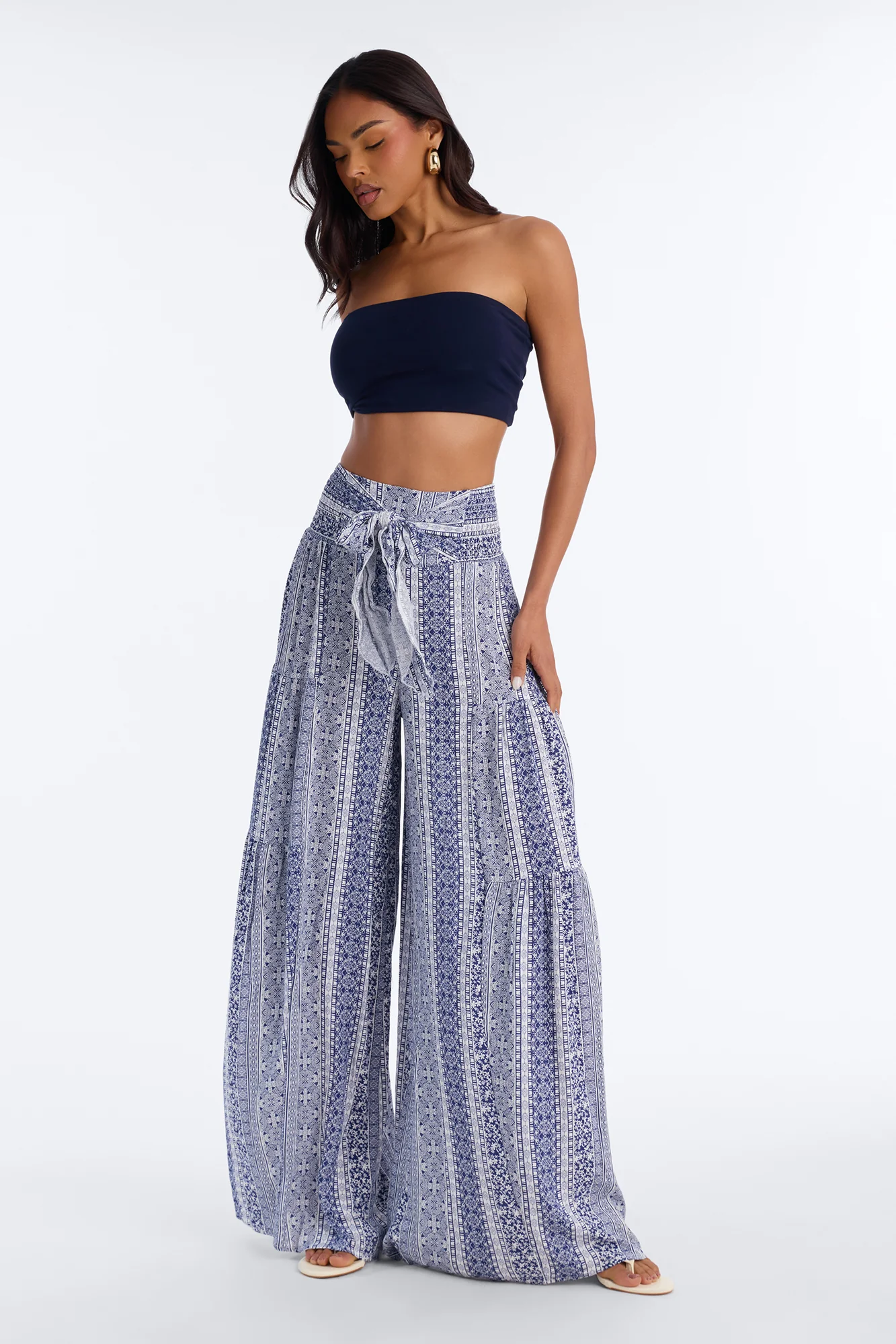 Adina Tie Waist High Rise Wide Leg Pant - Blue/combo