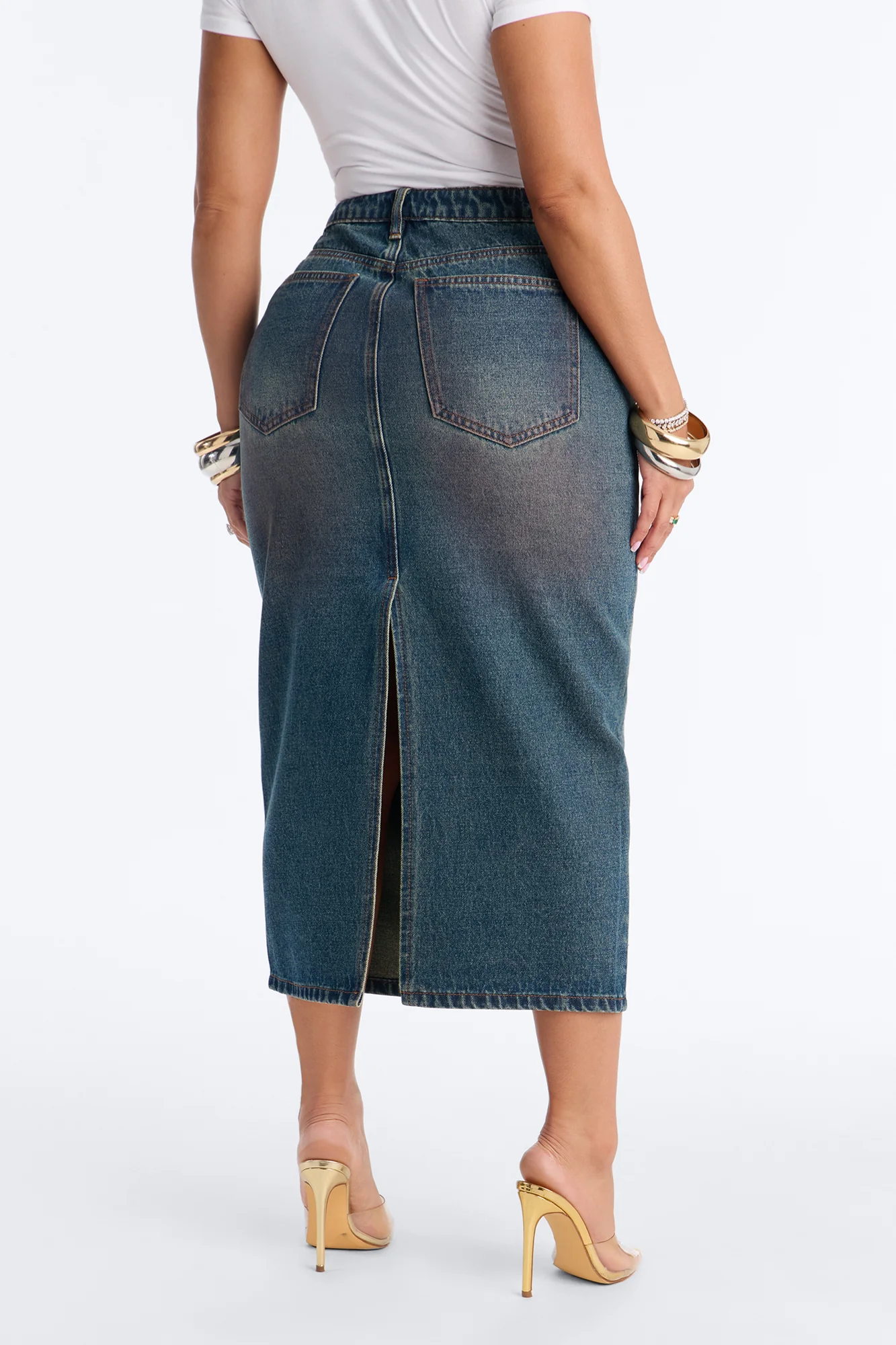 Adri Pink Tinted High Slit Denim Maxi Skirt - Vintage Wash - Image 4