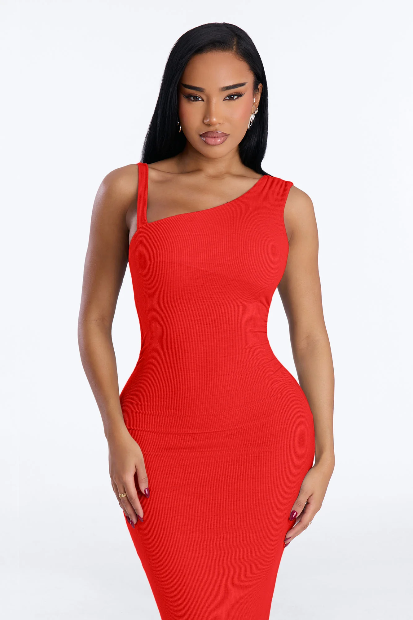 Adria Ribbed Midi Dress - Red - Image 2