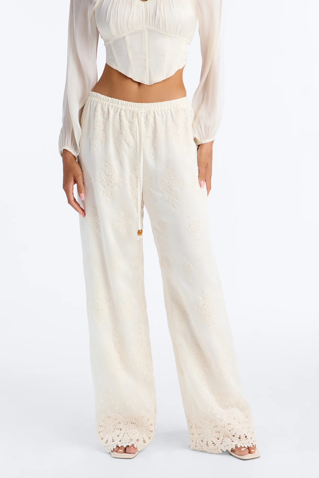 Adriane Embroidered Drawstring Wide Leg Pant - Ivory - Image 2