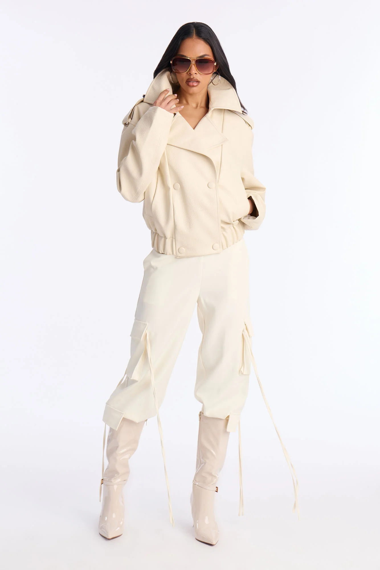 Adrienne Double Breasted Faux Leather Jacket - Bone - Image 2
