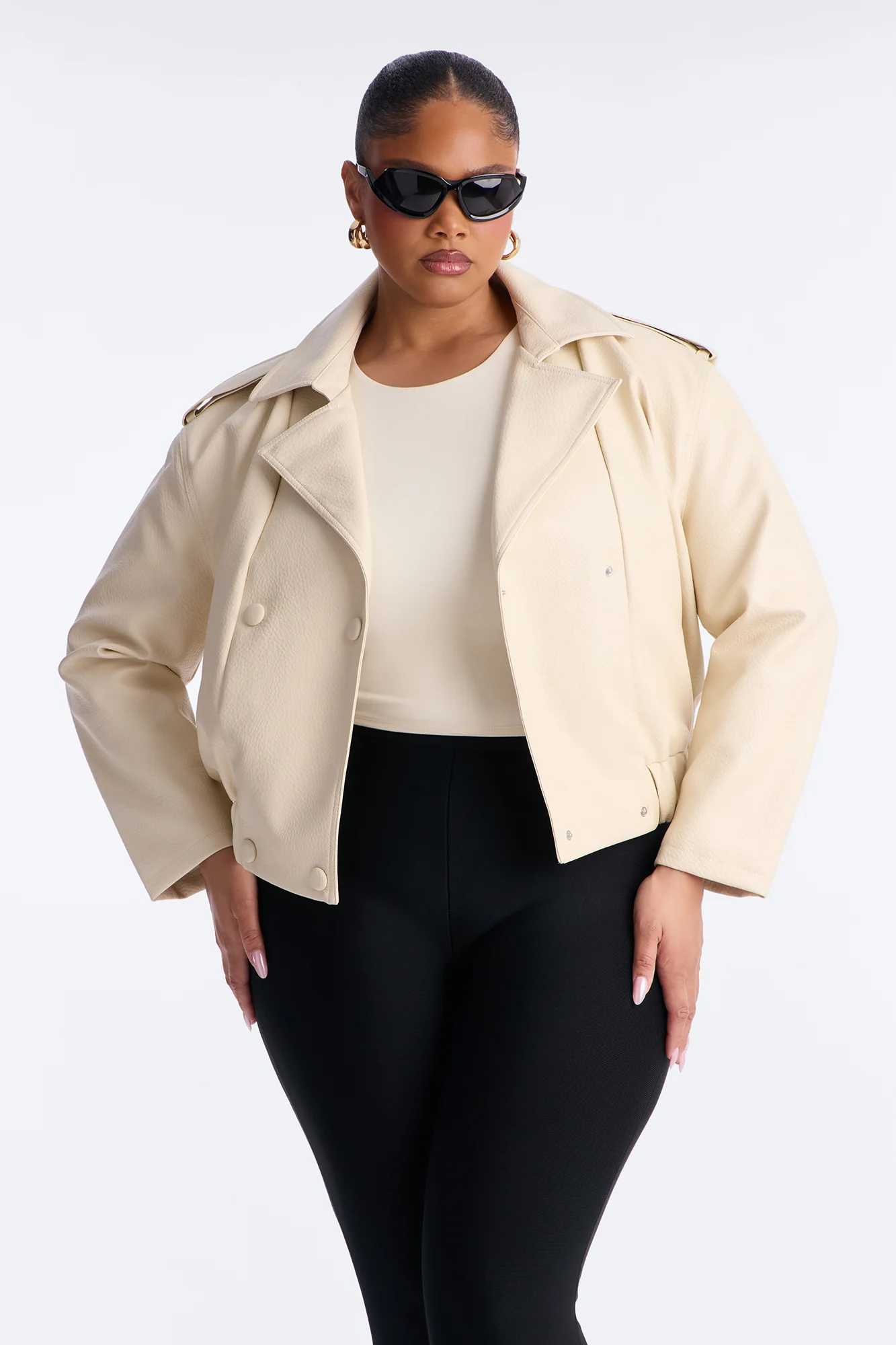 Adrienne Double Breasted Faux Leather Jacket - Bone - Image 5