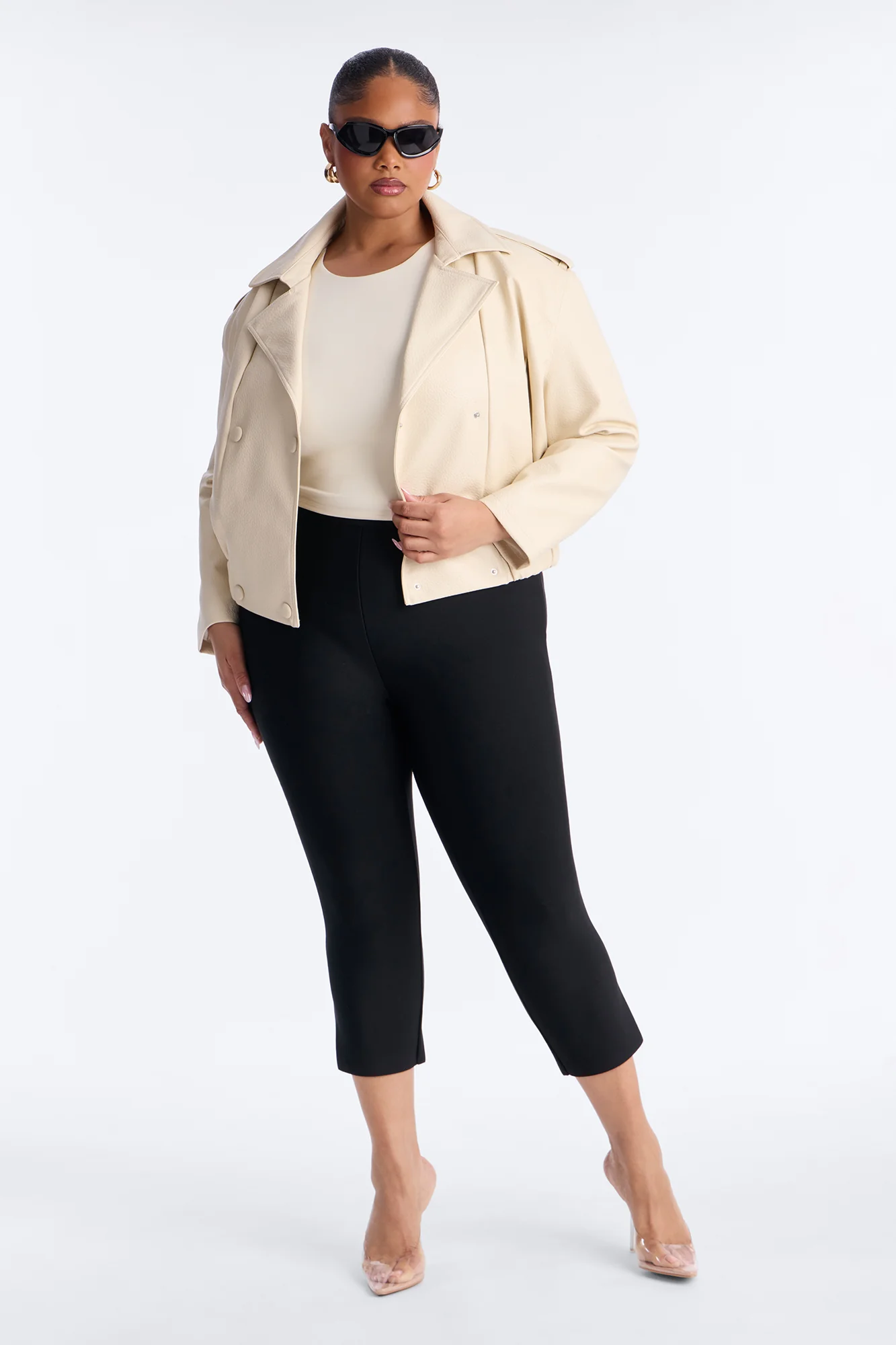Adrienne Double Breasted Faux Leather Jacket - Bone - Image 6