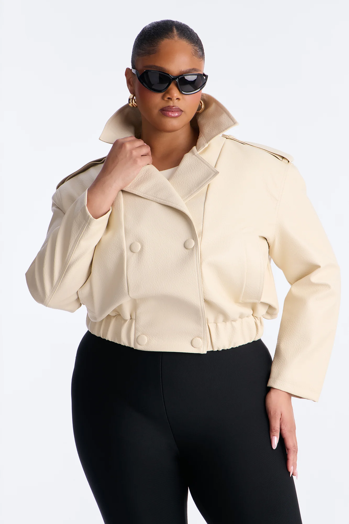 Adrienne Double Breasted Faux Leather Jacket - Bone - Image 7