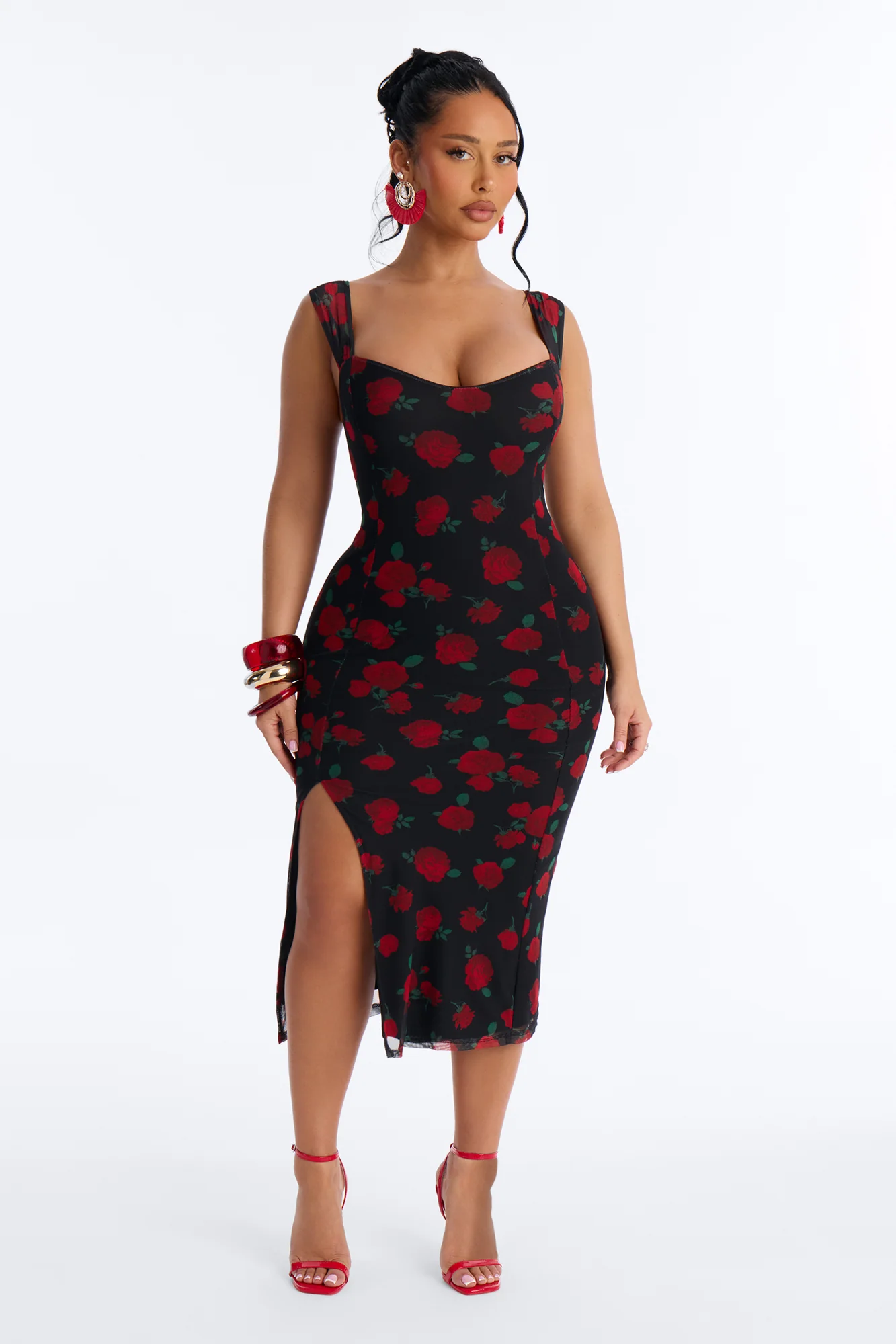 Adrienne Printed Mesh Midi Dress - Black/Red