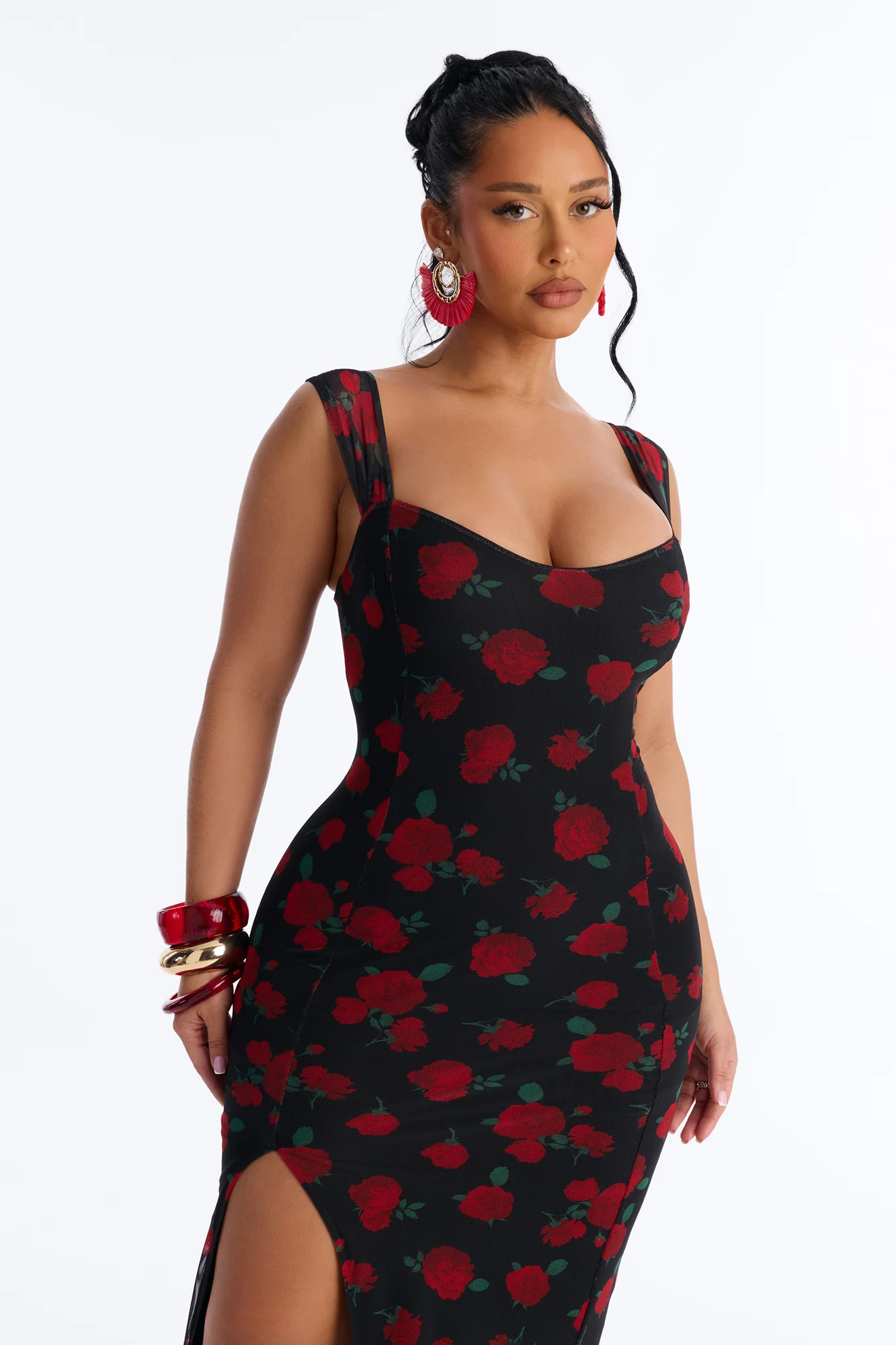 Adrienne Printed Mesh Midi Dress - Black/Red - Image 2