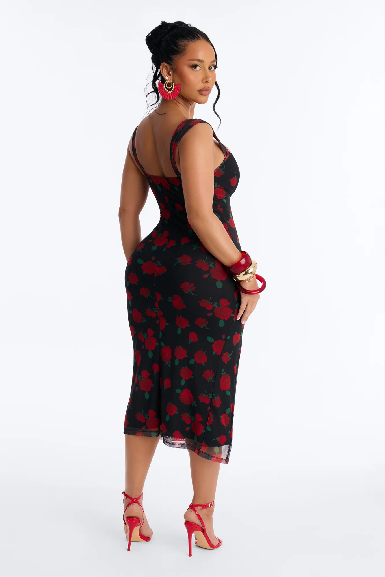 Adrienne Printed Mesh Midi Dress - Black/Red - Image 4