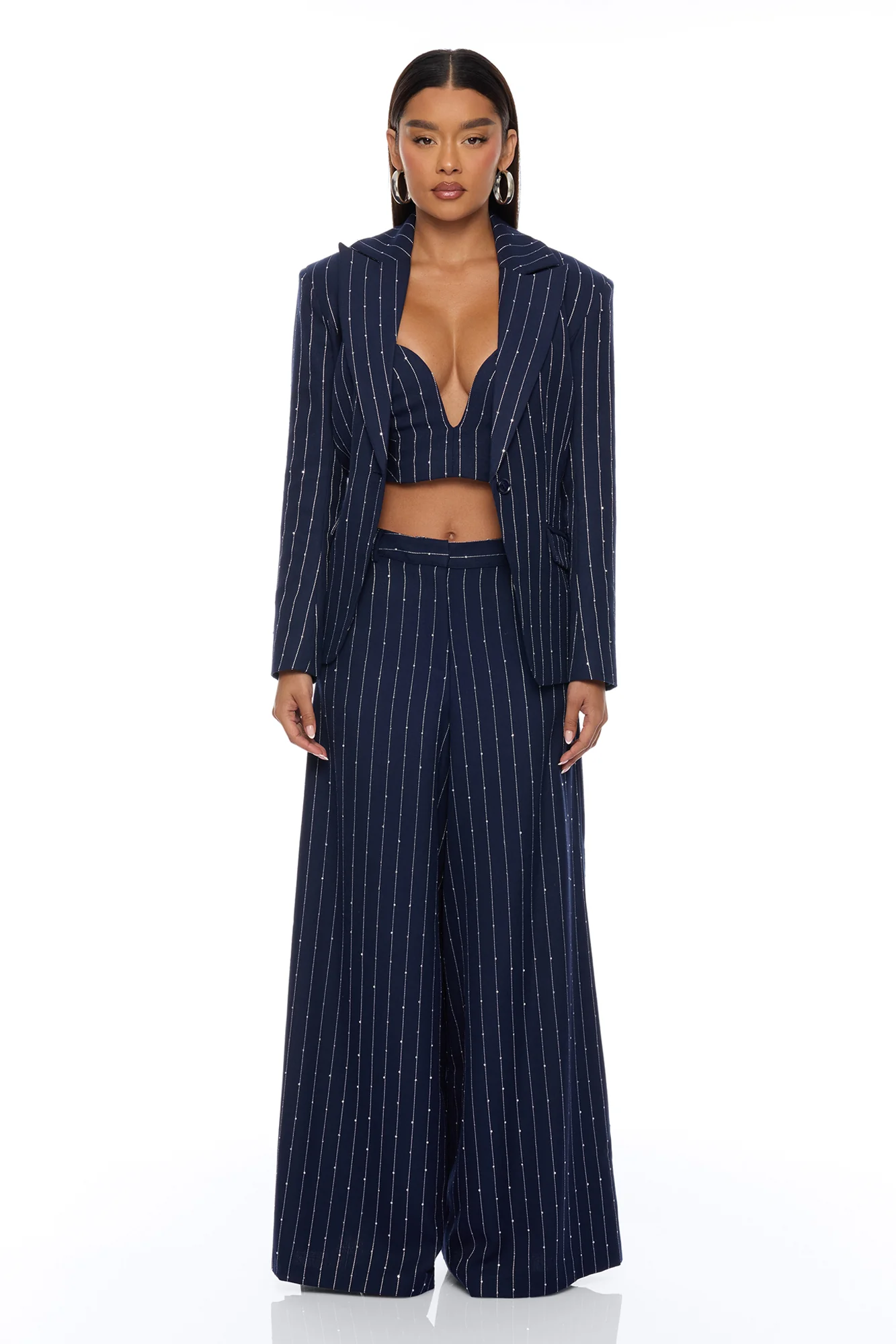 Adyson Embellished Pinstripe Wide Leg Pant - Navy/combo