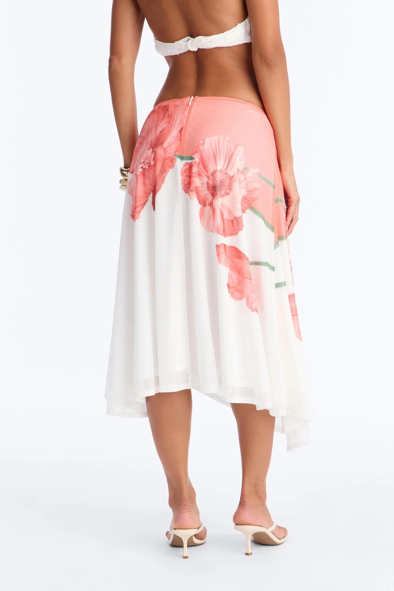 Aelia Floral Asymmetrical Mesh Midi Skirt - Orange/combo - Image 4