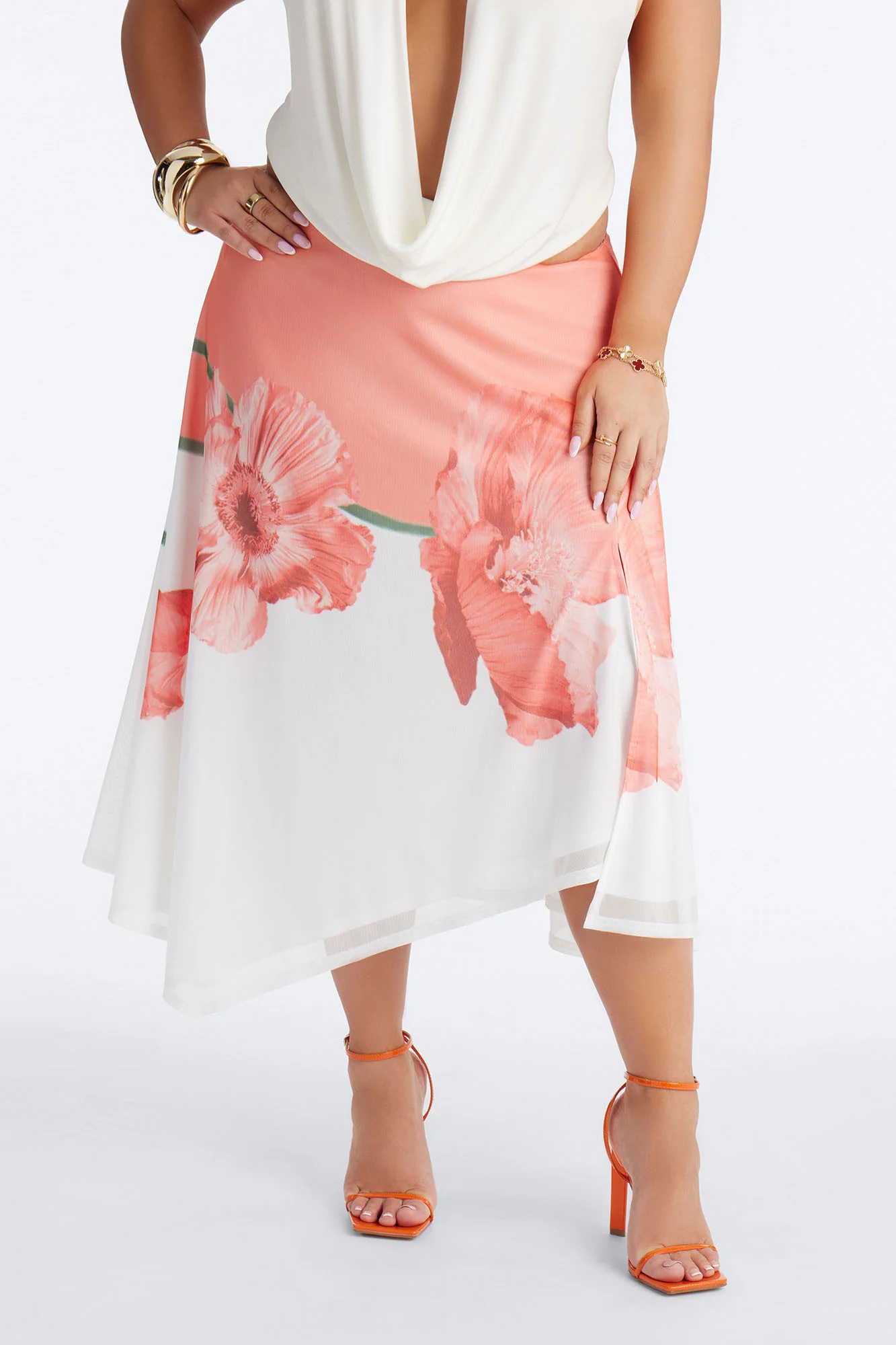 Aelia Floral Asymmetrical Mesh Midi Skirt - Orange/combo - Image 6