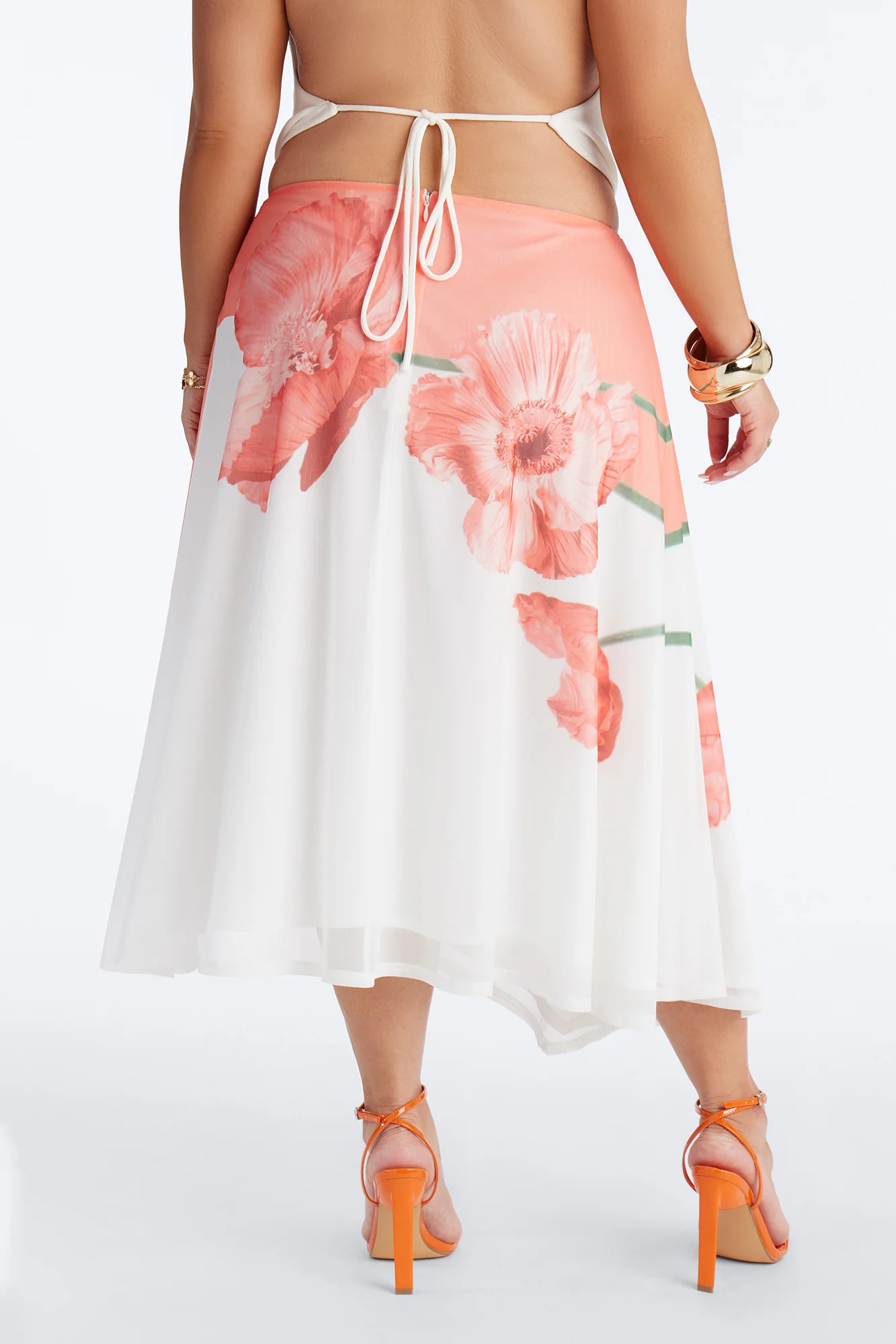 Aelia Floral Asymmetrical Mesh Midi Skirt - Orange/combo - Image 8