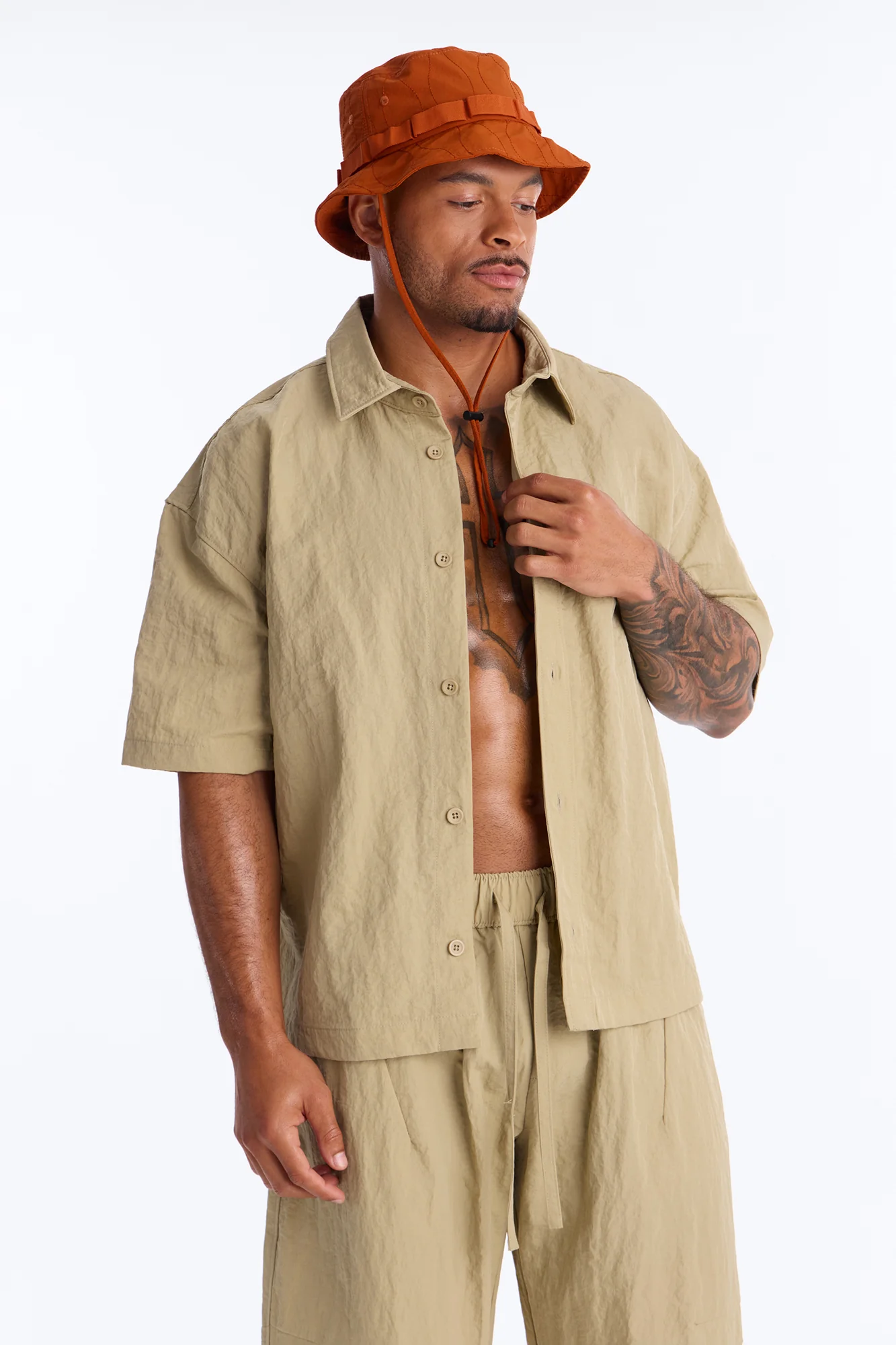 After Dark Amalfi Nylon Button Up Shirt - Khaki