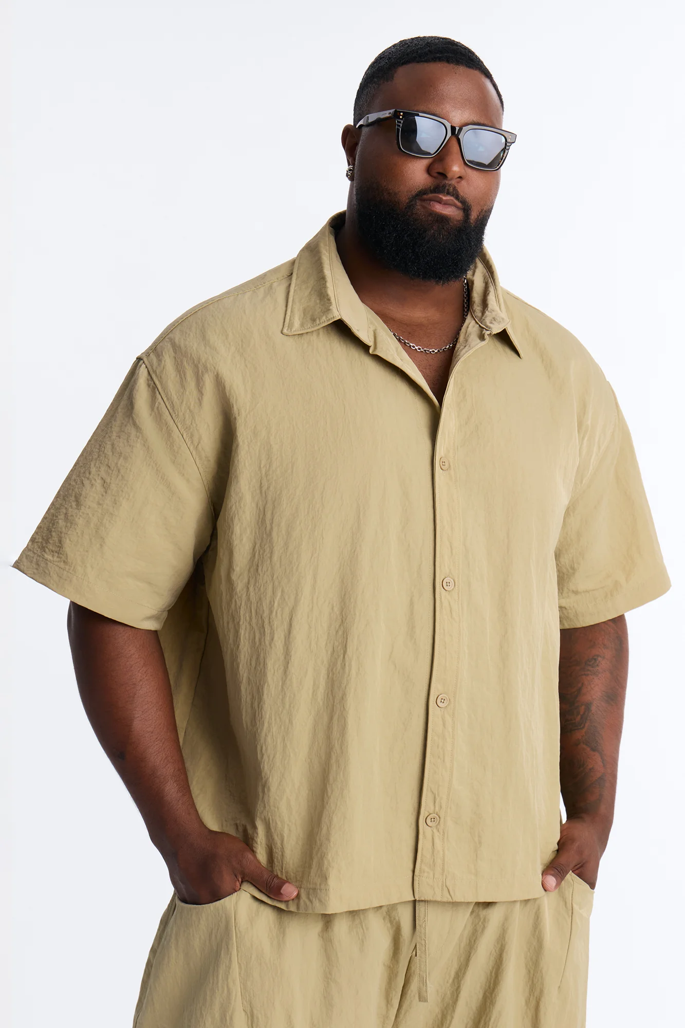 After Dark Amalfi Nylon Button Up Shirt - Khaki - Image 6
