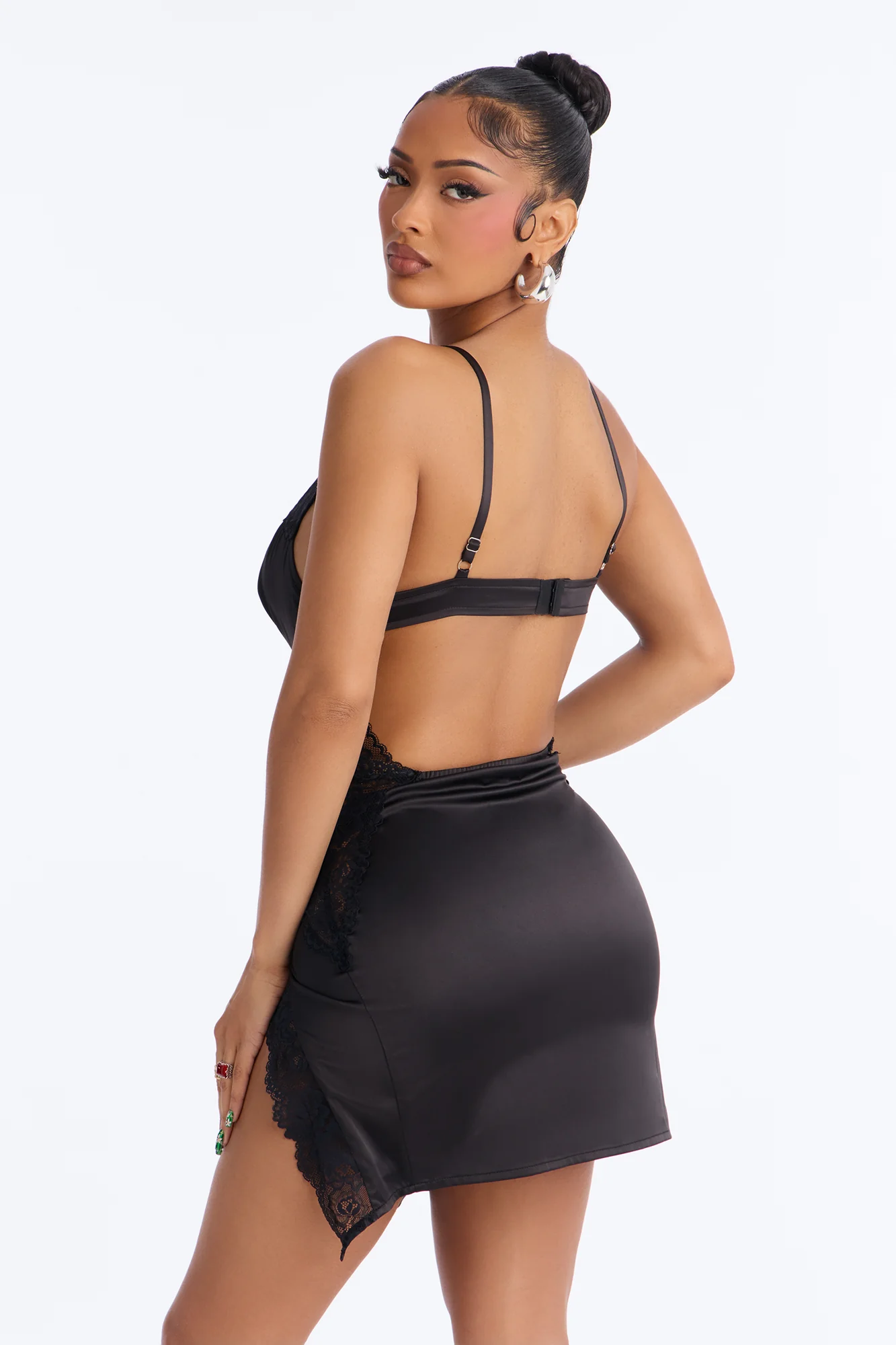 After Hours Lace Trim Satin Mini Dress - Black - Image 4