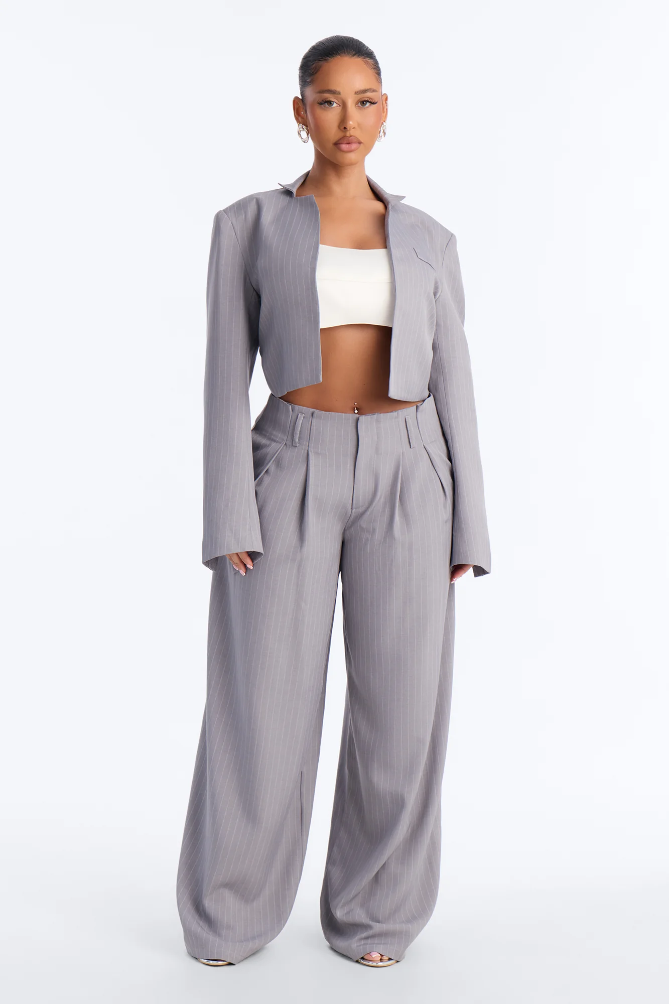 Ahmeira Pinstripe Wide Leg Trouser Pant - Grey/combo