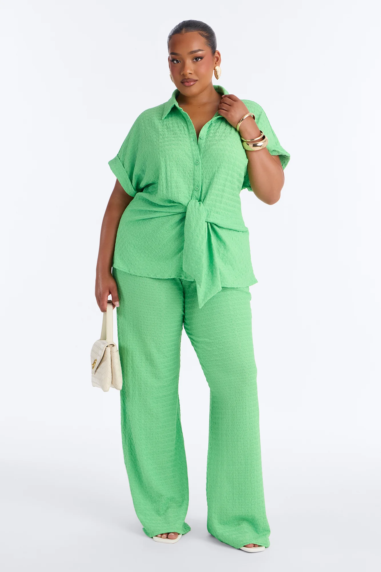 Ainsley Textured Tie Front Pant Set - Green - Image 4