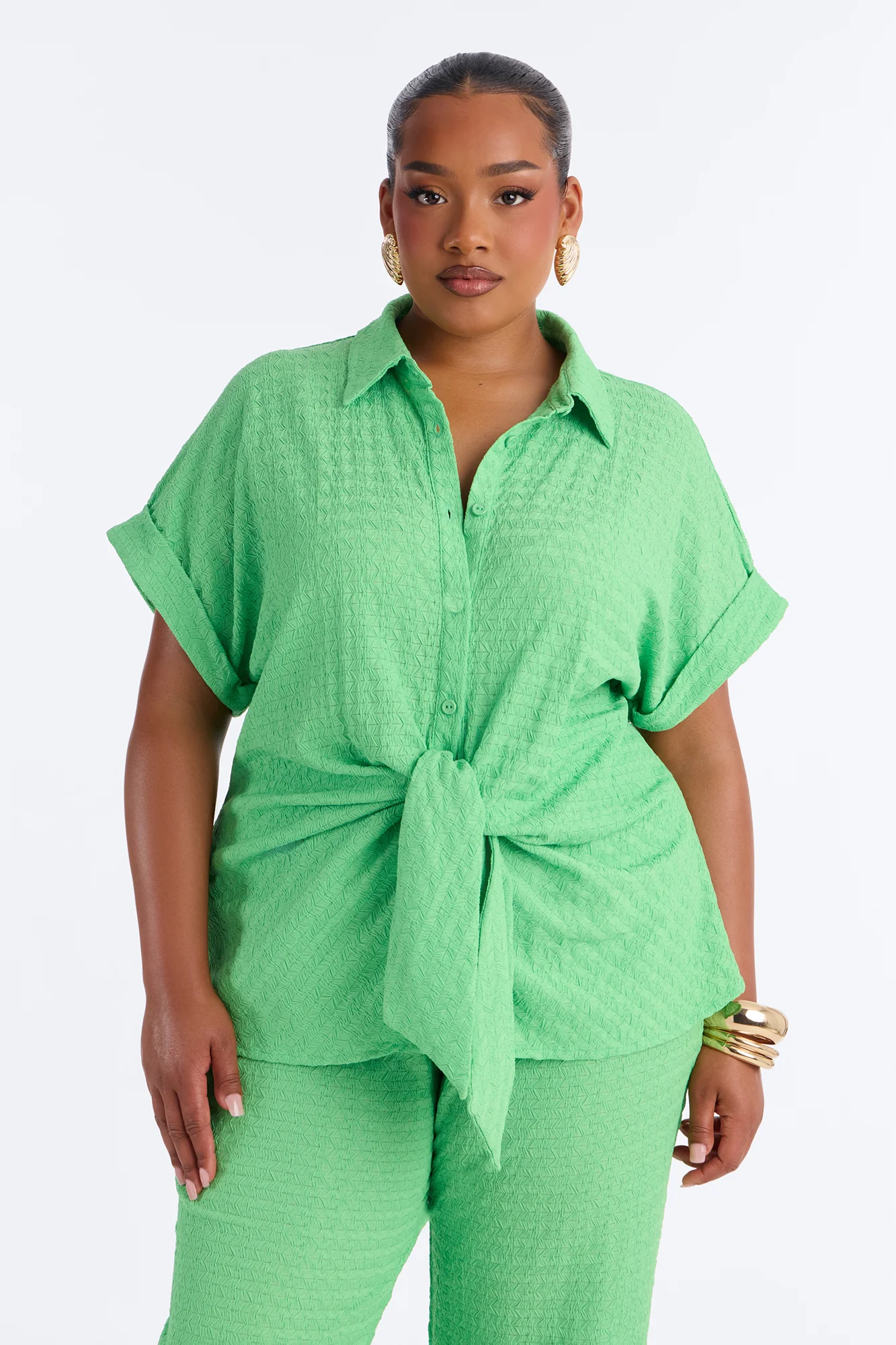 Ainsley Textured Tie Front Pant Set - Green - Image 5